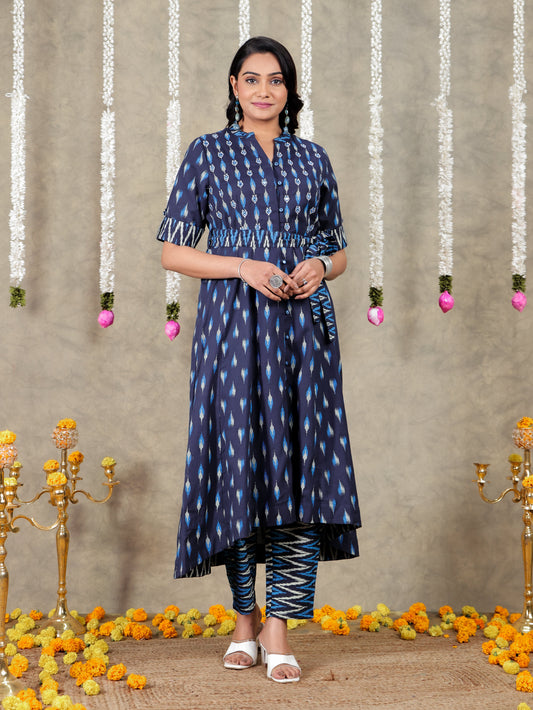 Embroidered Linen Cotton Ikat High Low Navy Blue Kurta