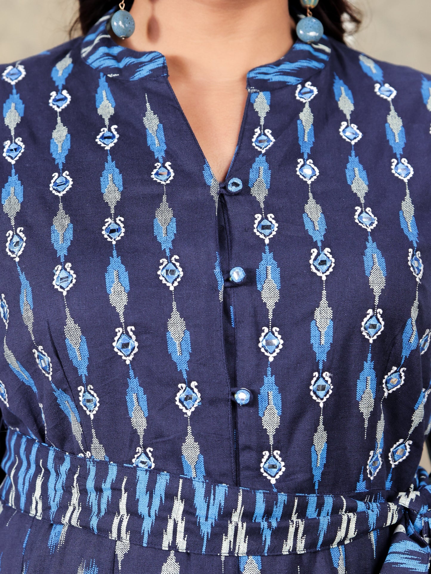 Embroidered Linen Cotton Ikat High Low Navy Blue Kurta