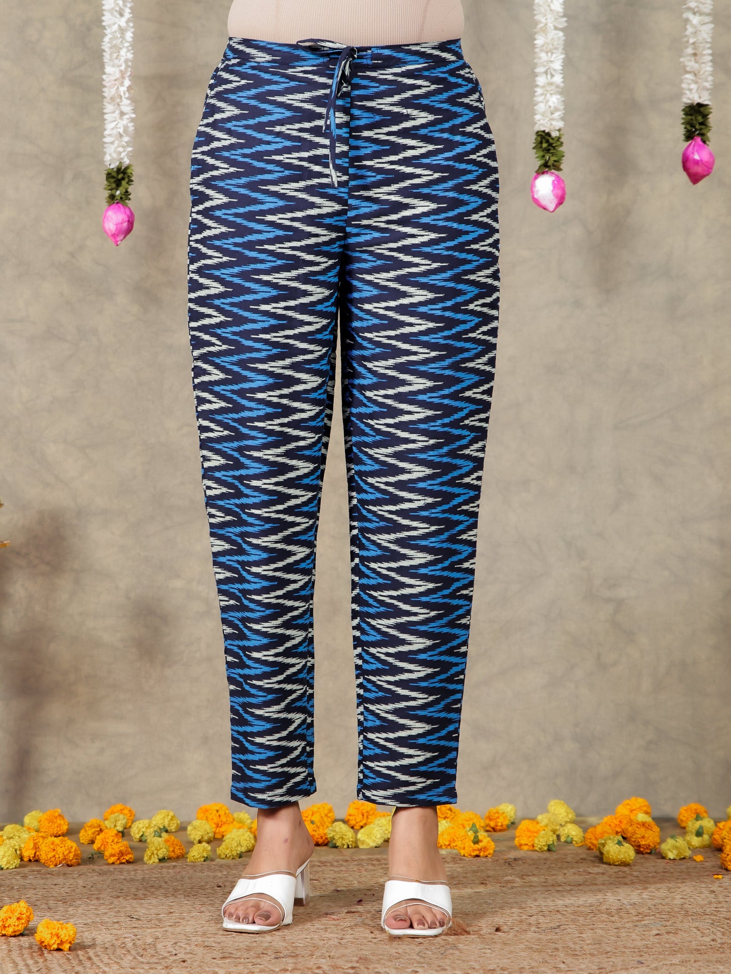Embroidered Linen Cotton Ikat High Low Navy Blue Kurta
