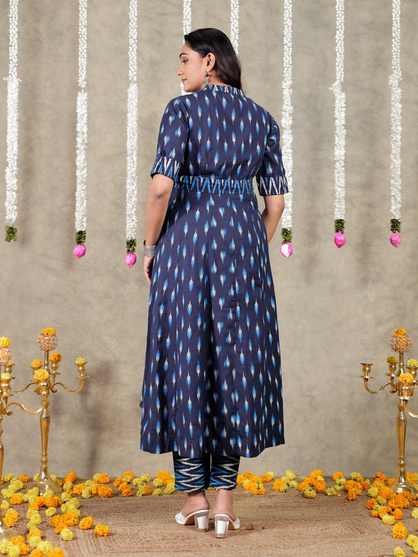 Embroidered Linen Cotton Ikat High Low Navy Blue Kurta