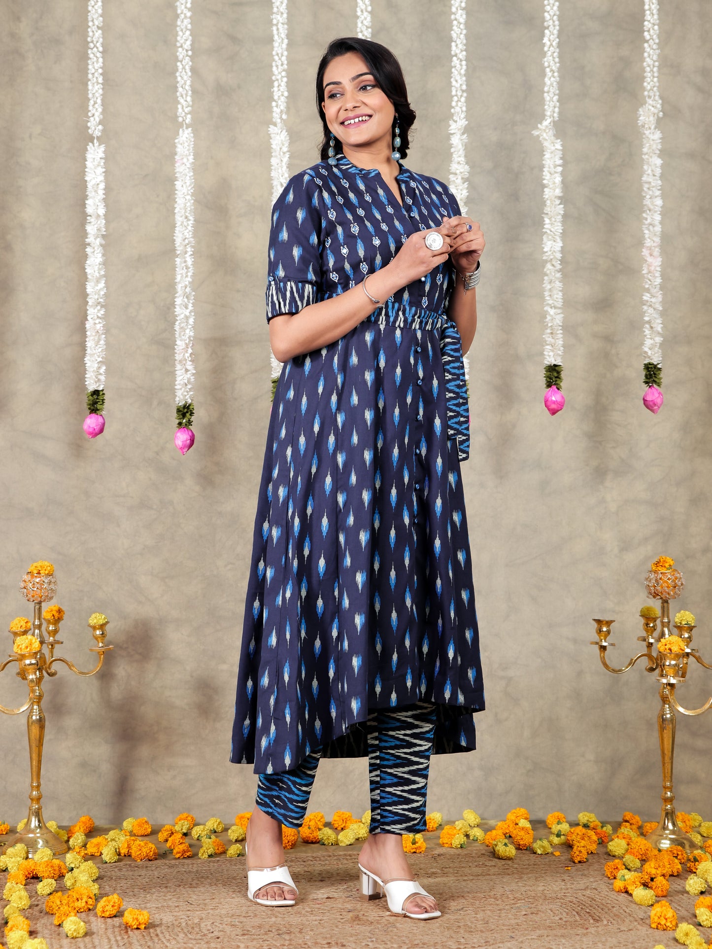 Embroidered Linen Cotton Ikat High Low Navy Blue Kurta
