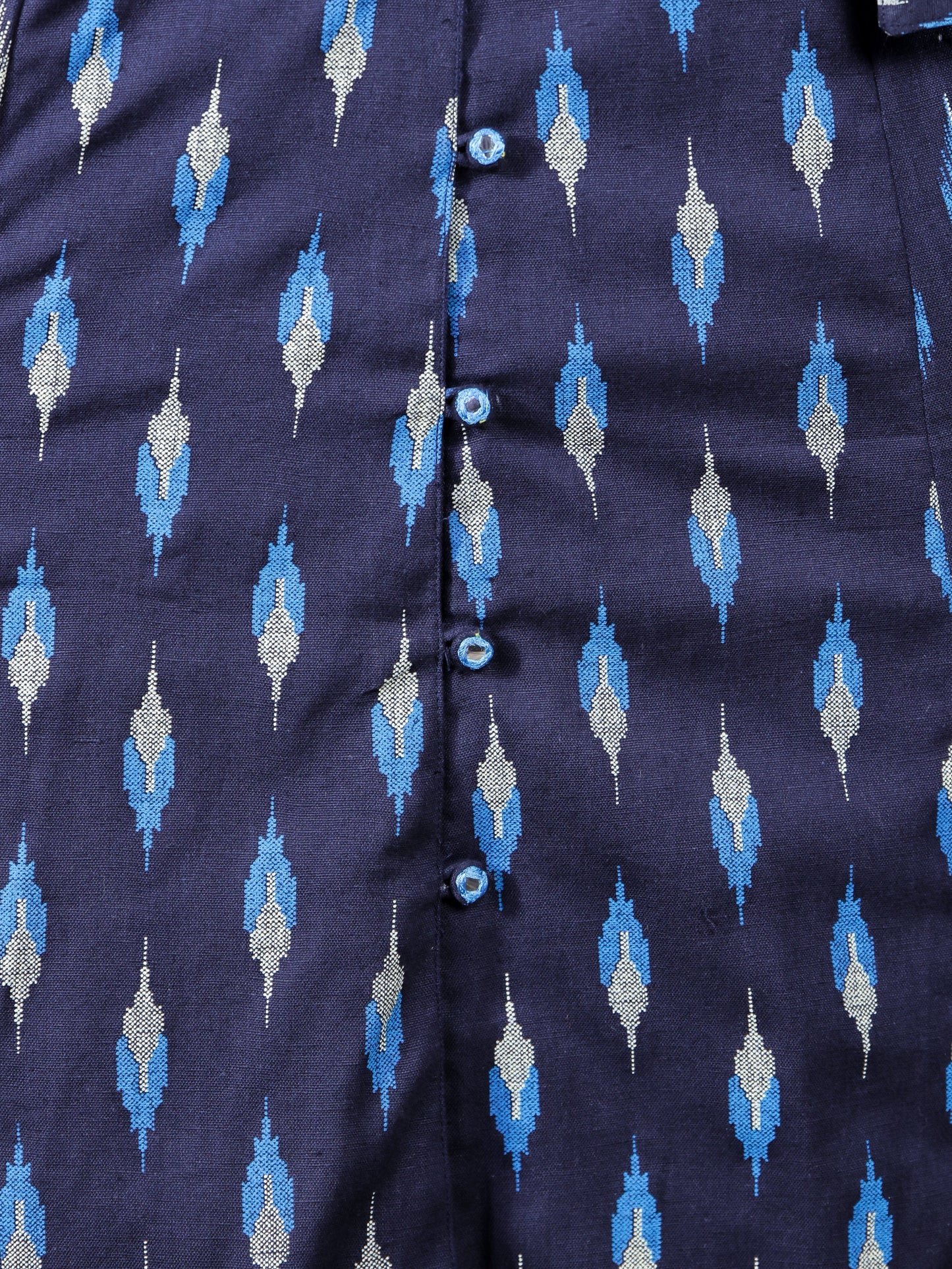 Embroidered Linen Cotton Ikat High Low Navy Blue Kurta