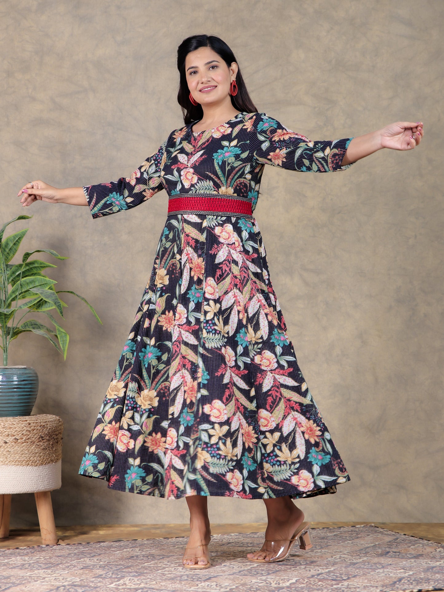 Embroidered Kantha Cotton Floral Flared Black Dress