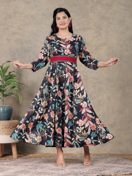 Embroidered Kantha Cotton Floral Flared Black Dress