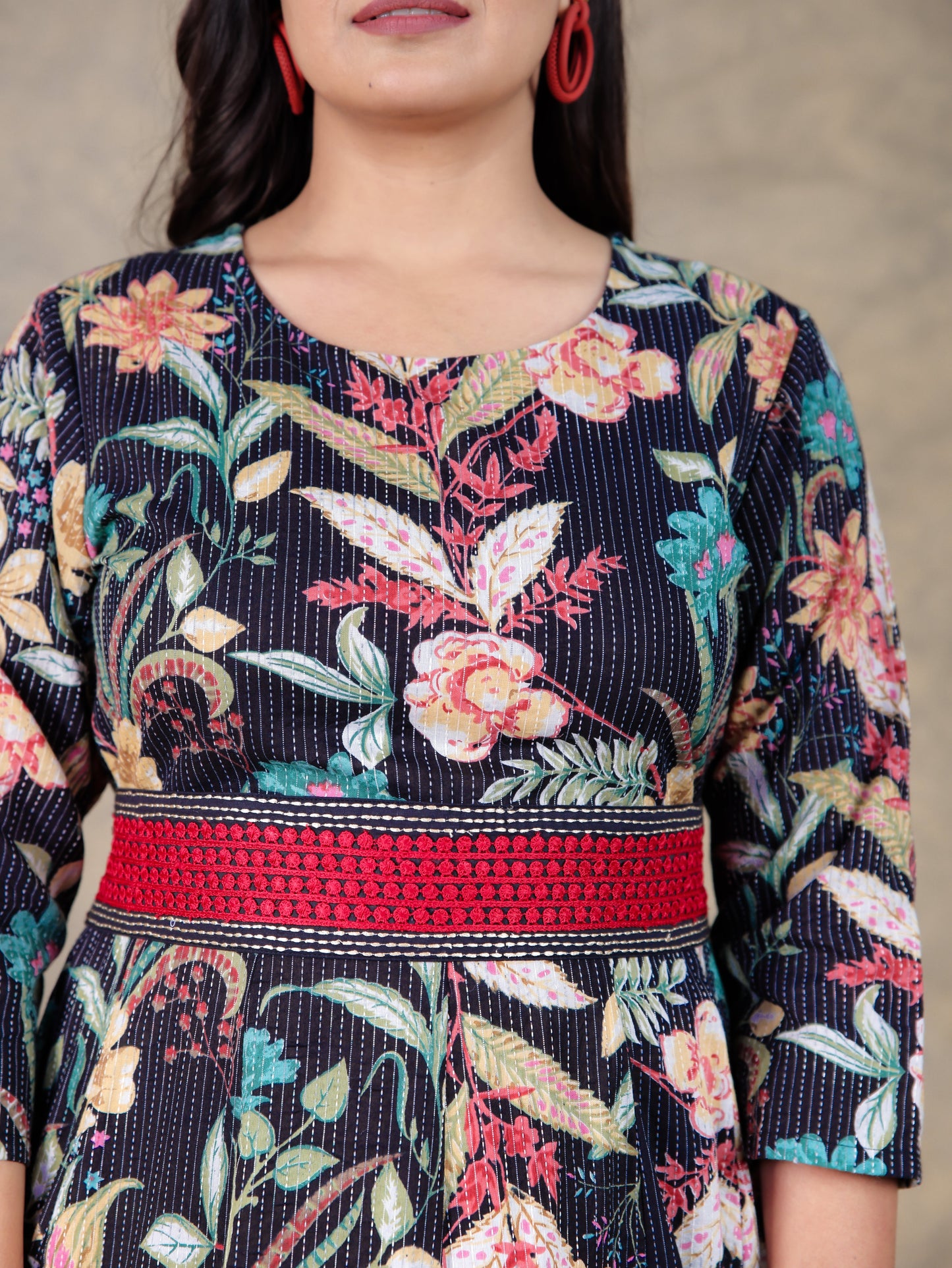 Embroidered Kantha Cotton Floral Flared Black Dress