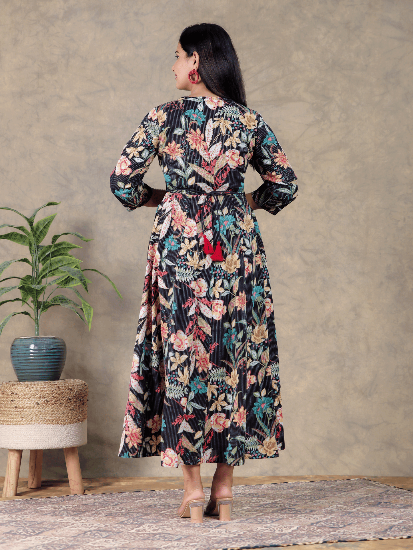 Embroidered Kantha Cotton Floral Flared Black Dress