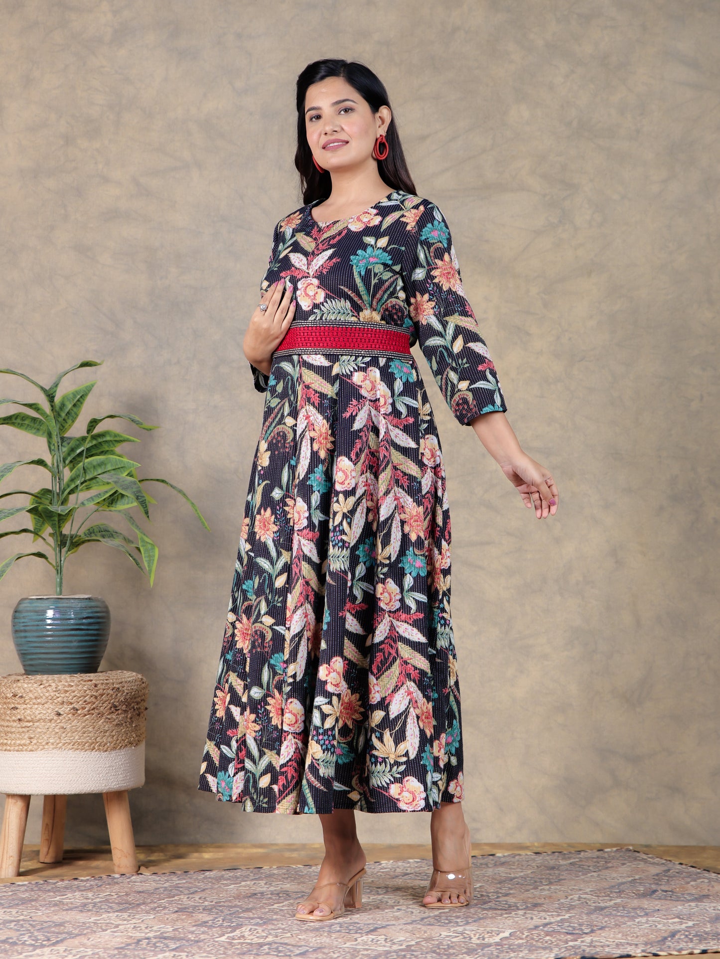 Embroidered Kantha Cotton Floral Flared Black Dress