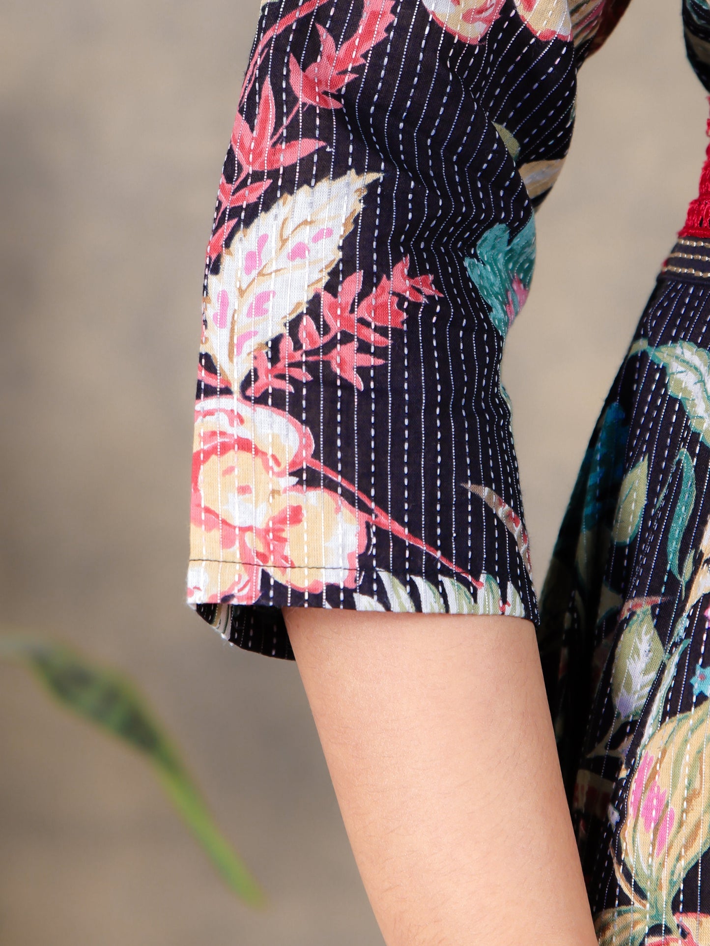Embroidered Kantha Cotton Floral Flared Black Dress