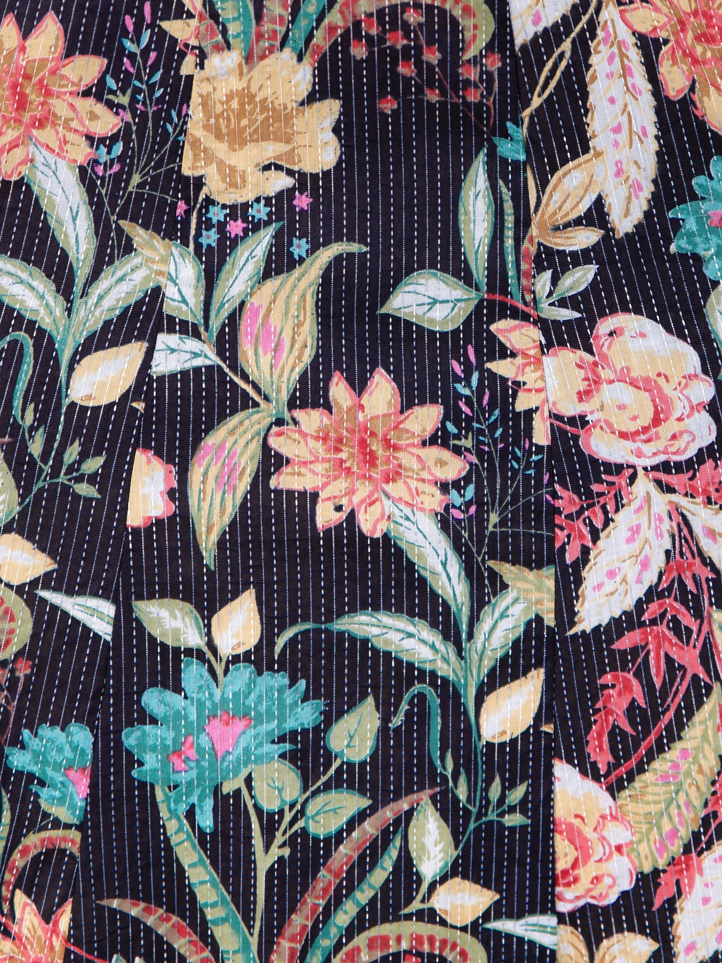 Embroidered Kantha Cotton Floral Flared Black Dress