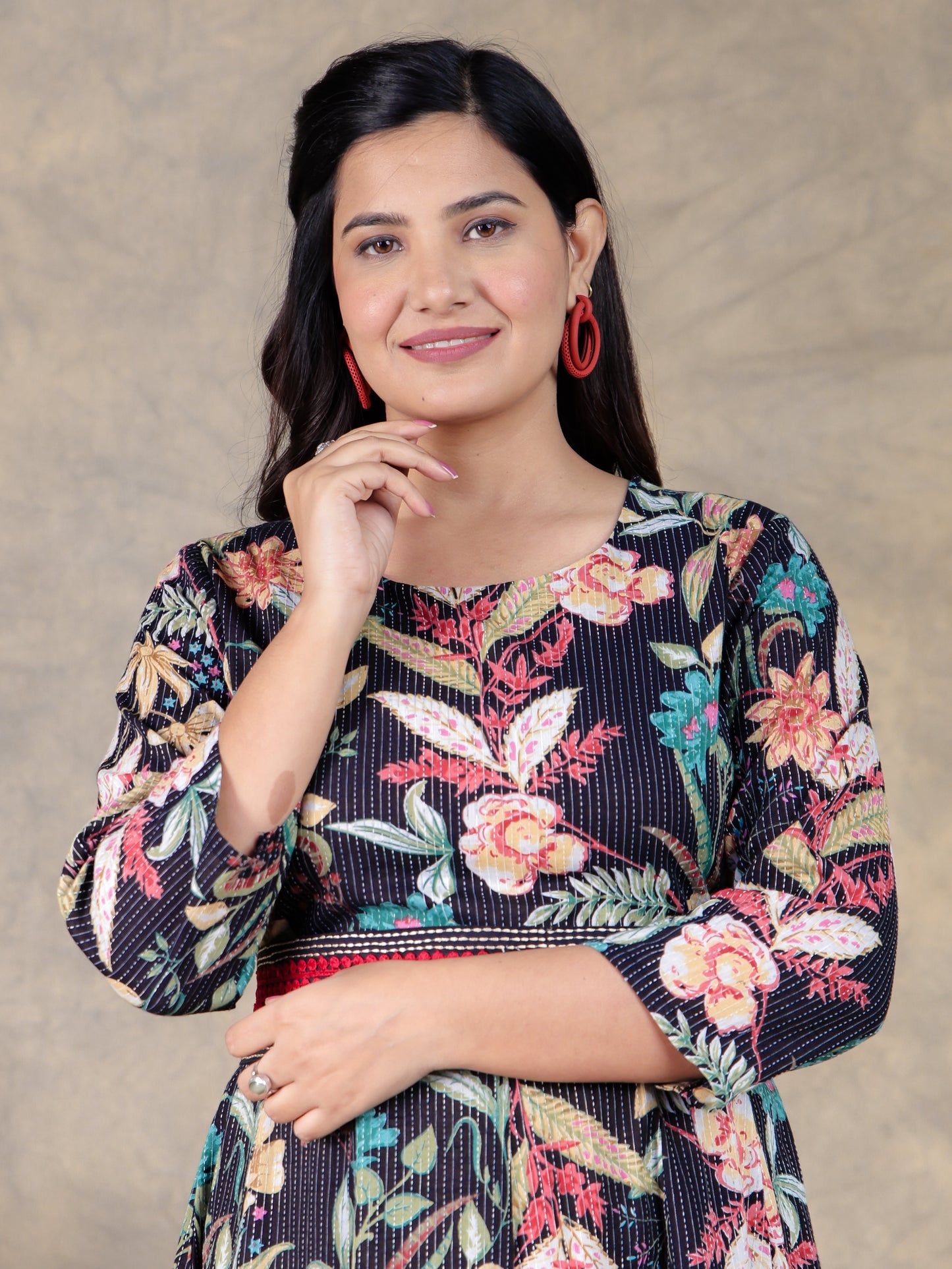 Embroidered Kantha Cotton Floral Flared Black Dress