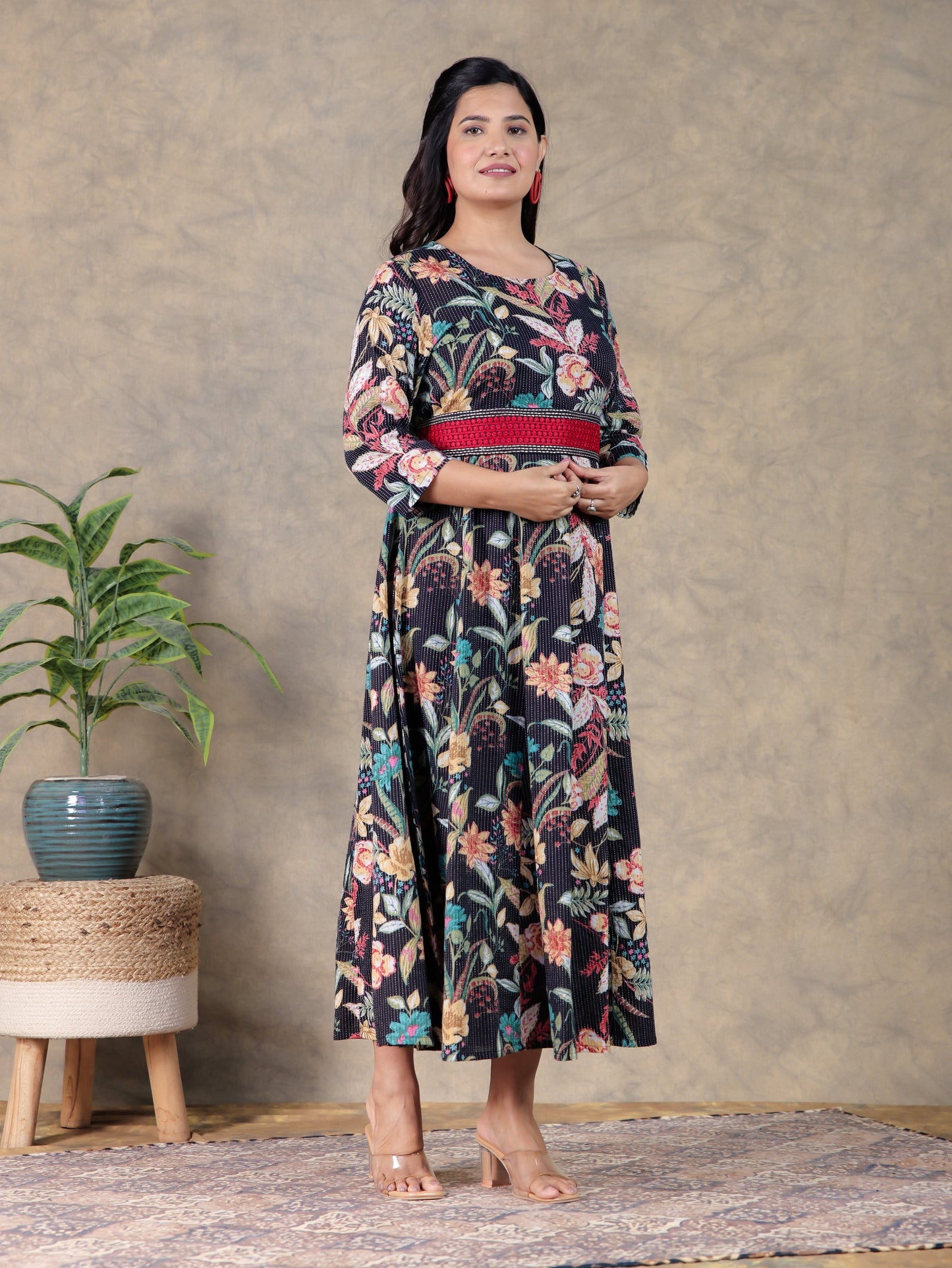 Embroidered Kantha Cotton Floral Flared Black Dress