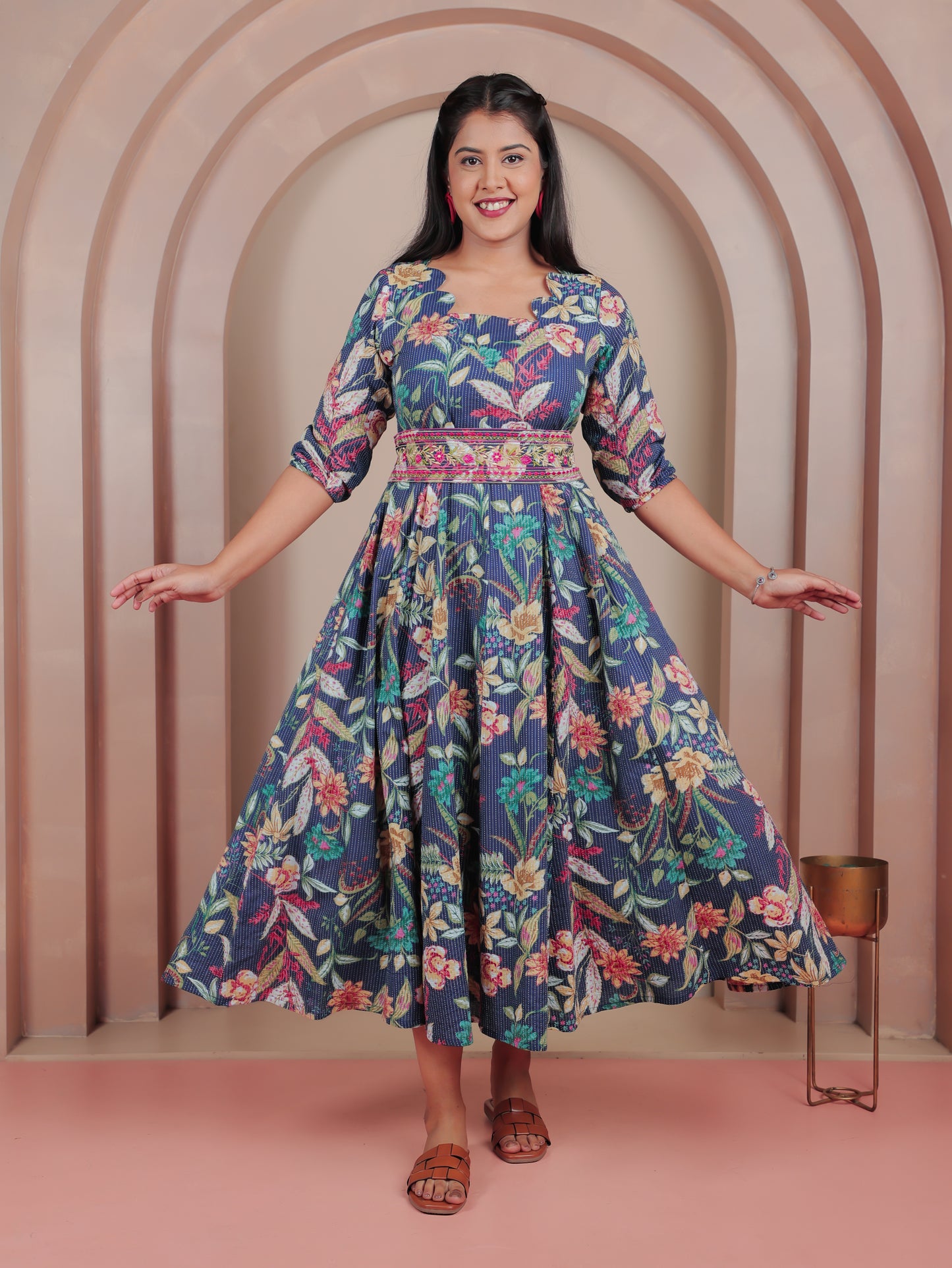 Embroidered Kantha Cotton Floral Flared Blue Dress