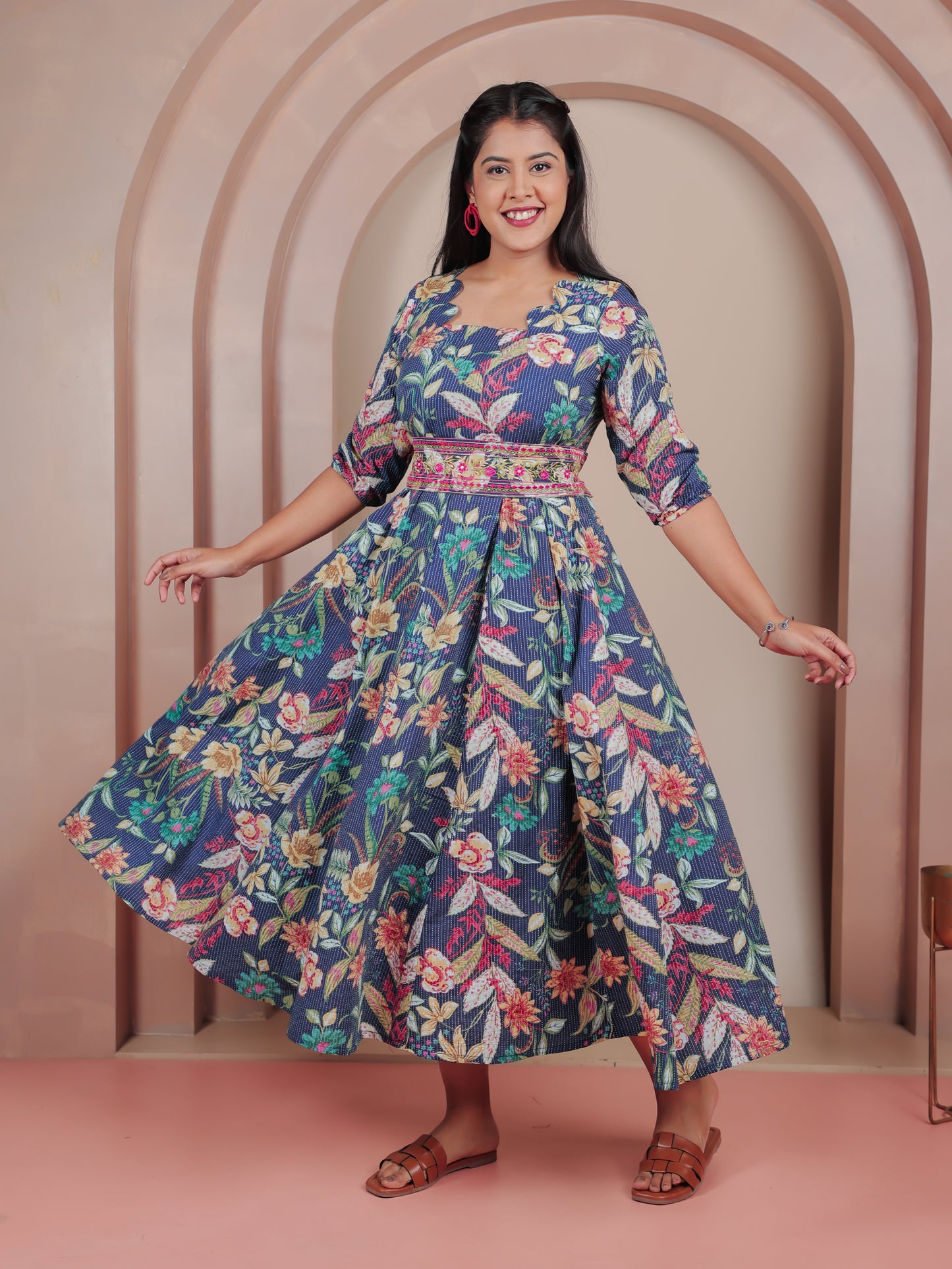 Embroidered Kantha Cotton Floral Flared Blue Dress
