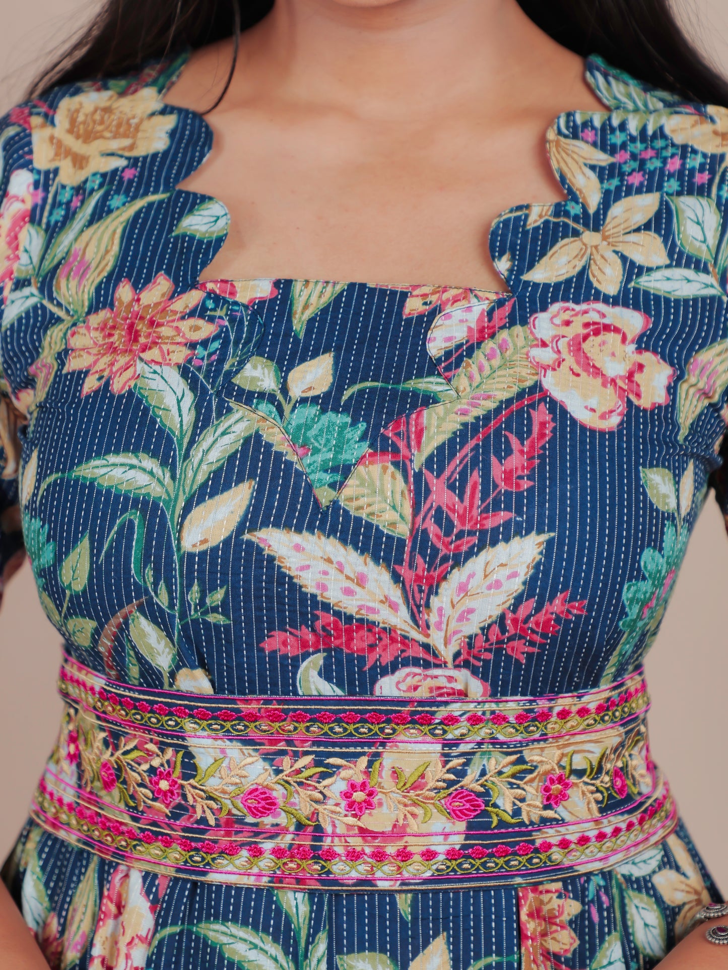Kantha Cotton Floral Flared Blue Dress