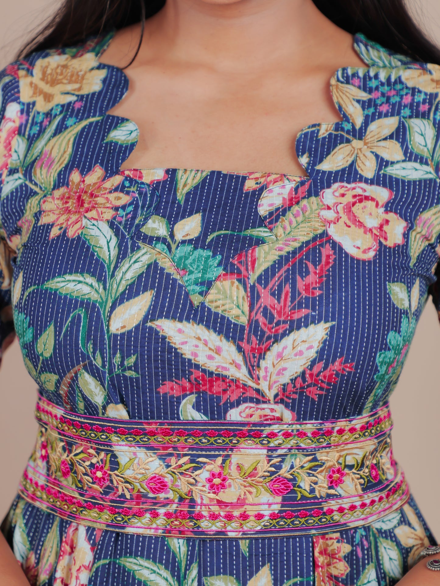 Embroidered Kantha Cotton Floral Flared Blue Dress