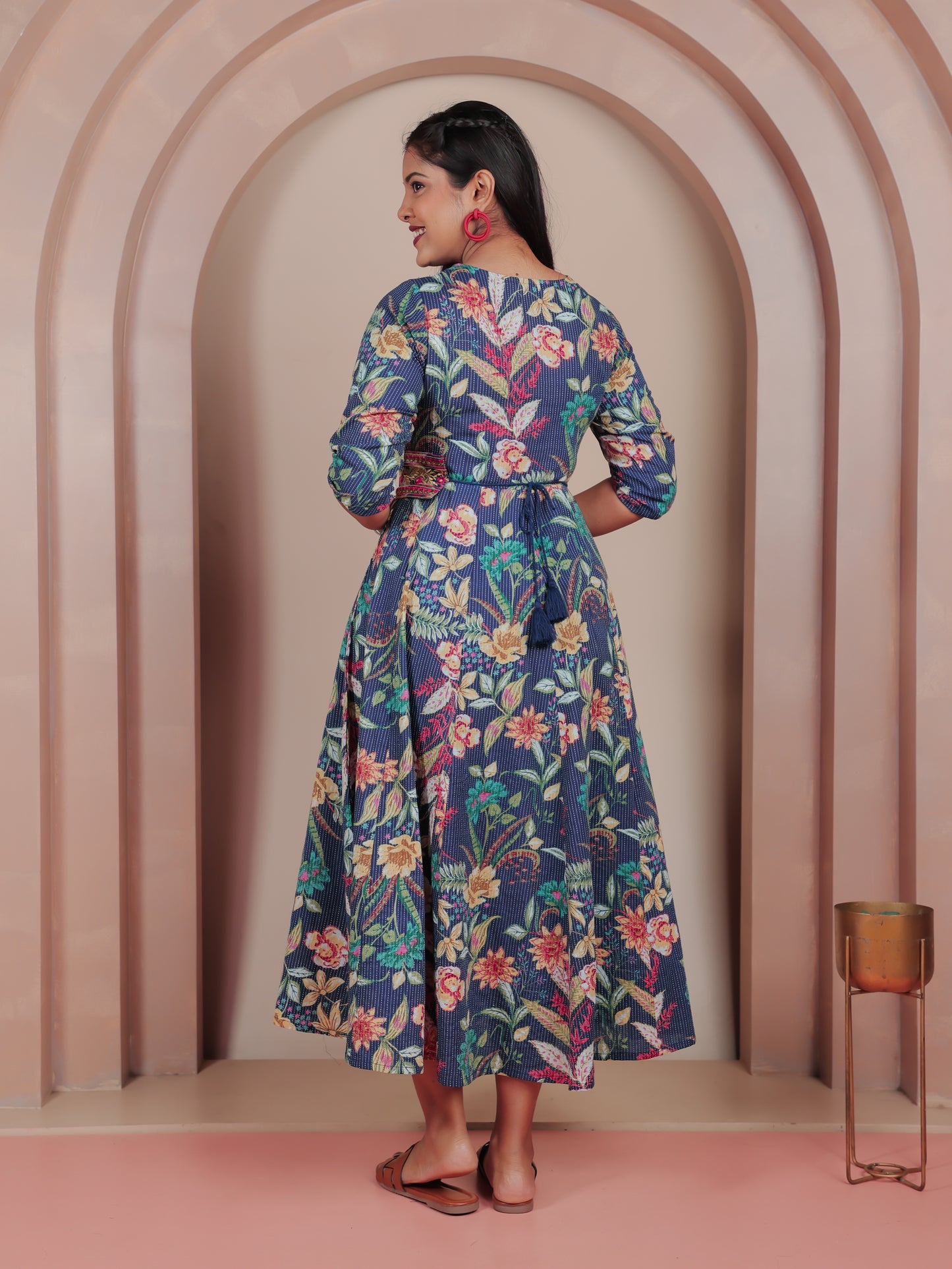 Embroidered Kantha Cotton Floral Flared Blue Dress