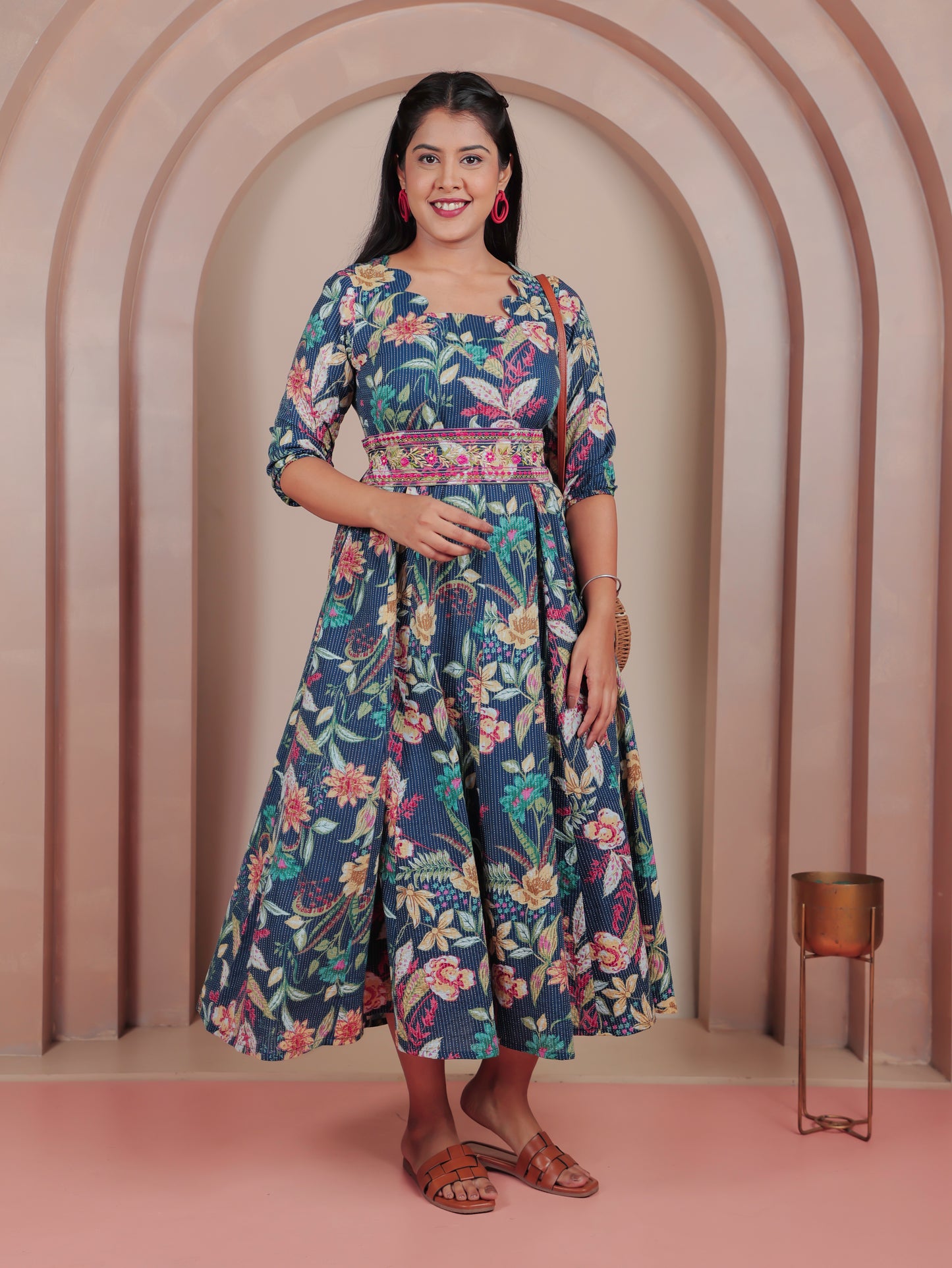 Kantha Cotton Floral Flared Blue Dress