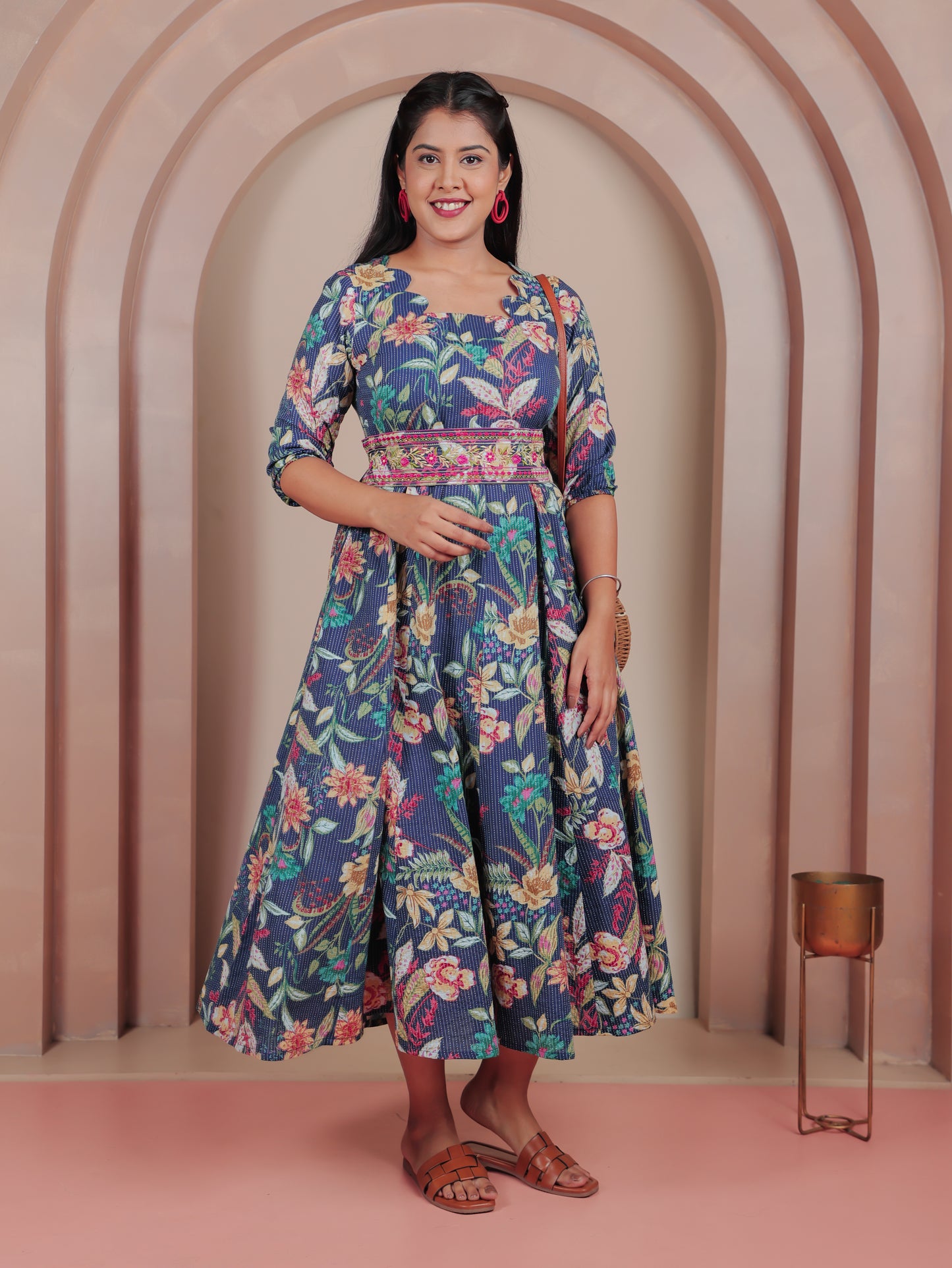 Embroidered Kantha Cotton Floral Flared Blue Dress