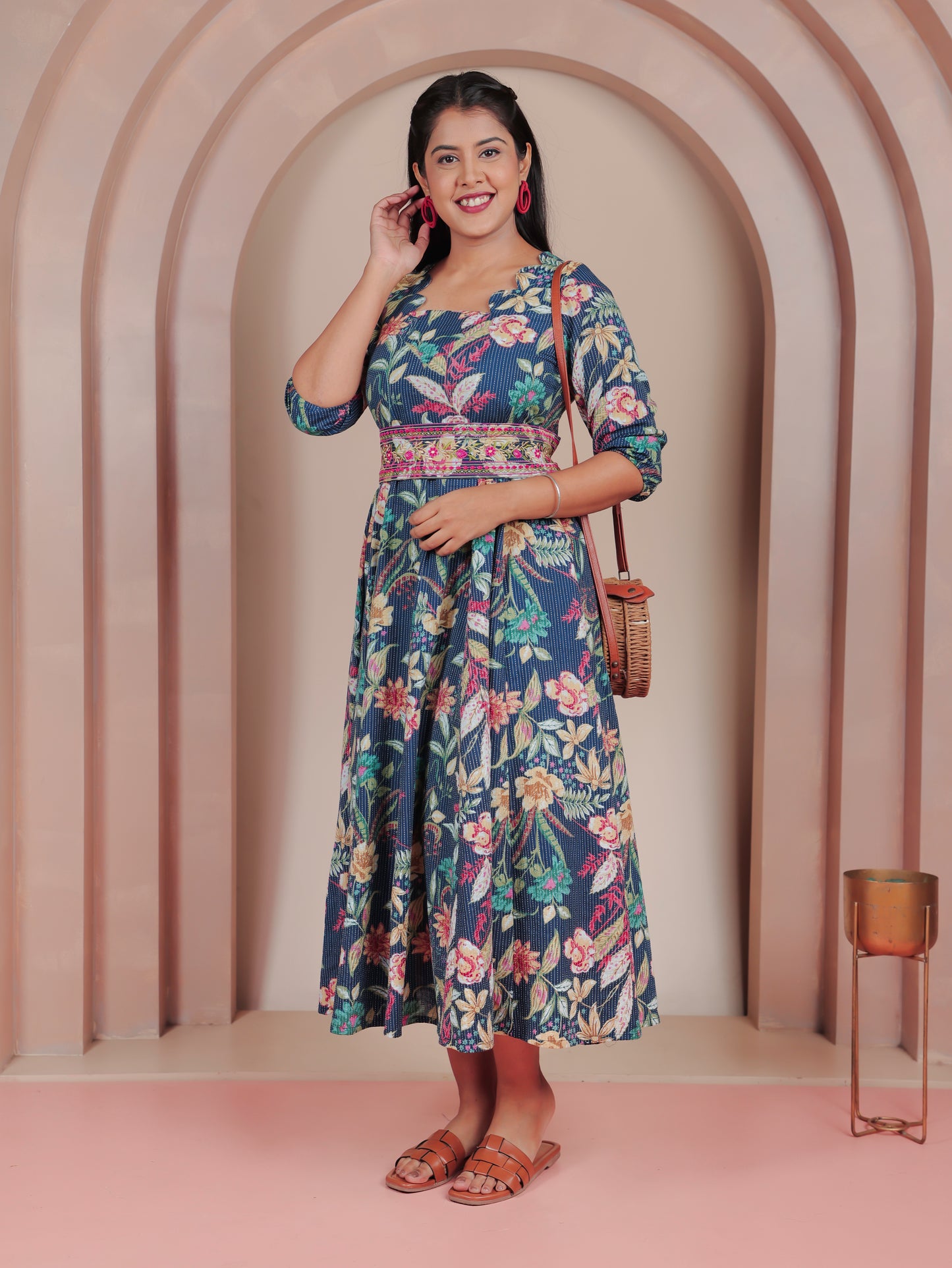 Kantha Cotton Floral Flared Blue Dress