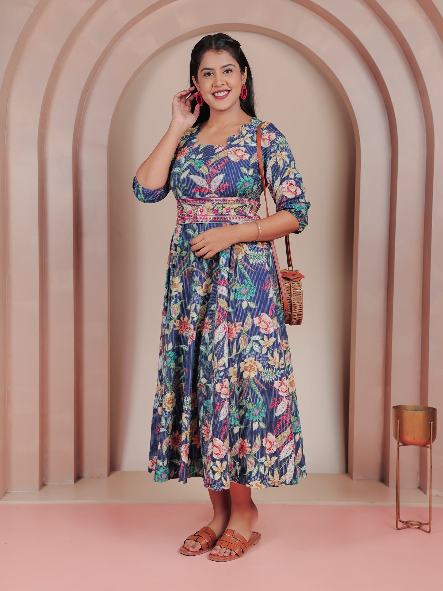 Embroidered Kantha Cotton Floral Flared Blue Dress