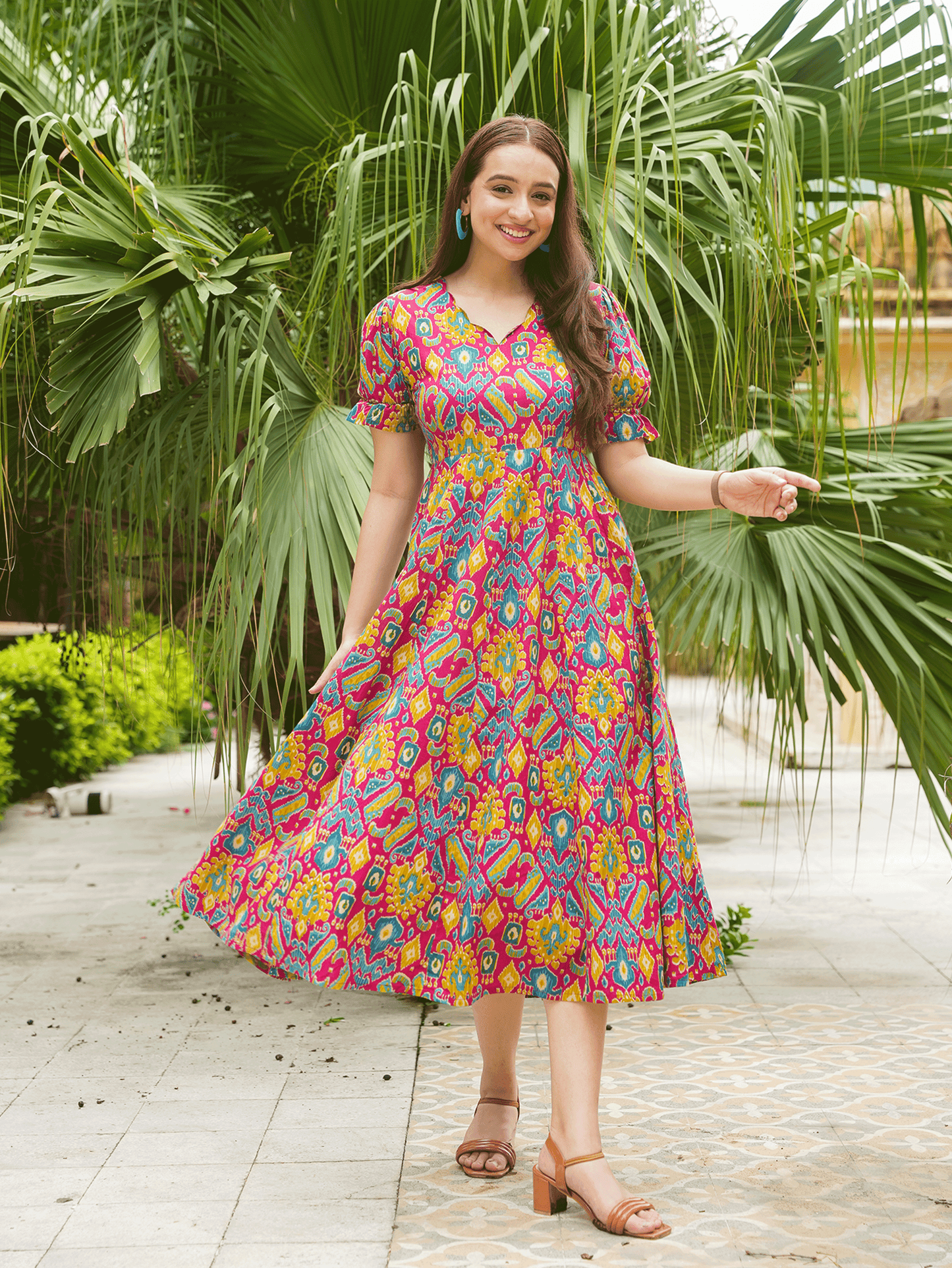Soft Cotton Ikat Anarkali Multicolor Dress