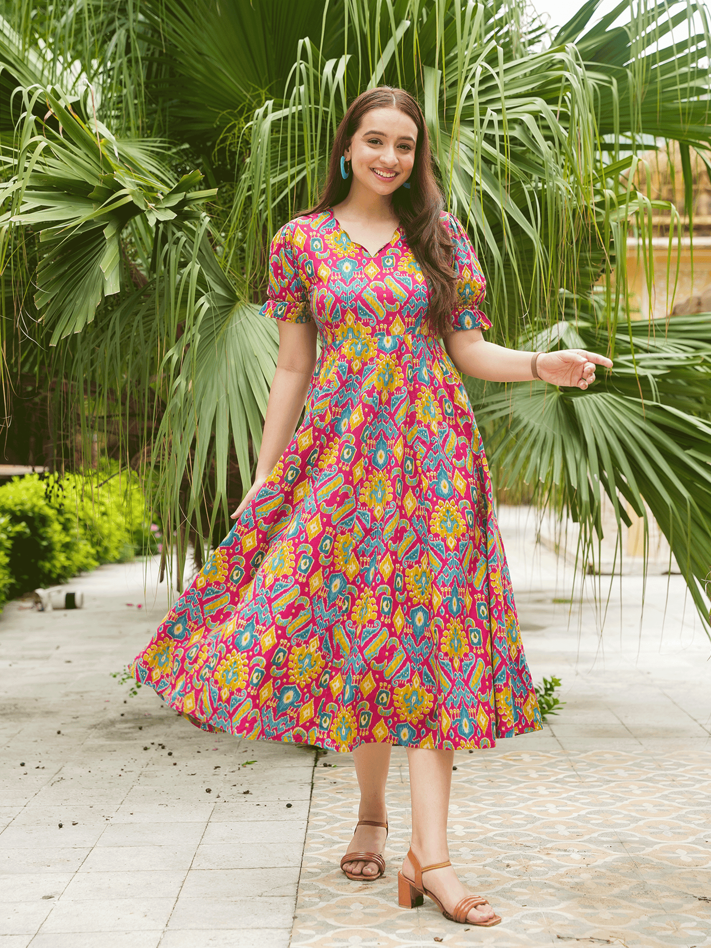 Soft Cotton Ikat Anarkali Multicolor Dress