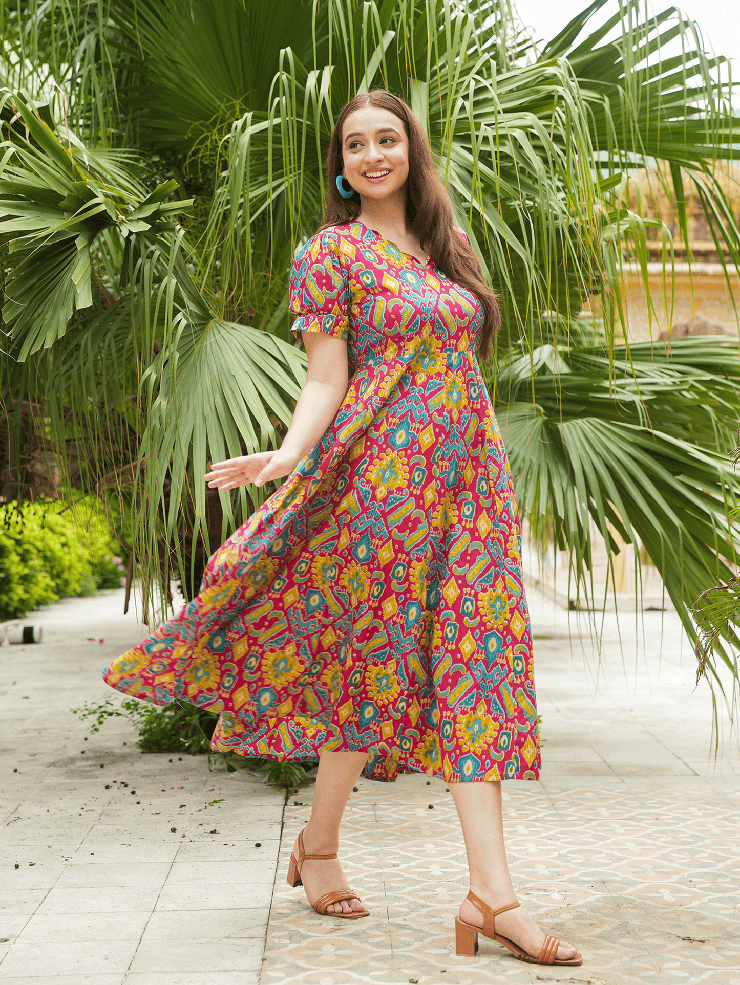 Soft Cotton Ikat Anarkali Multicolor Dress