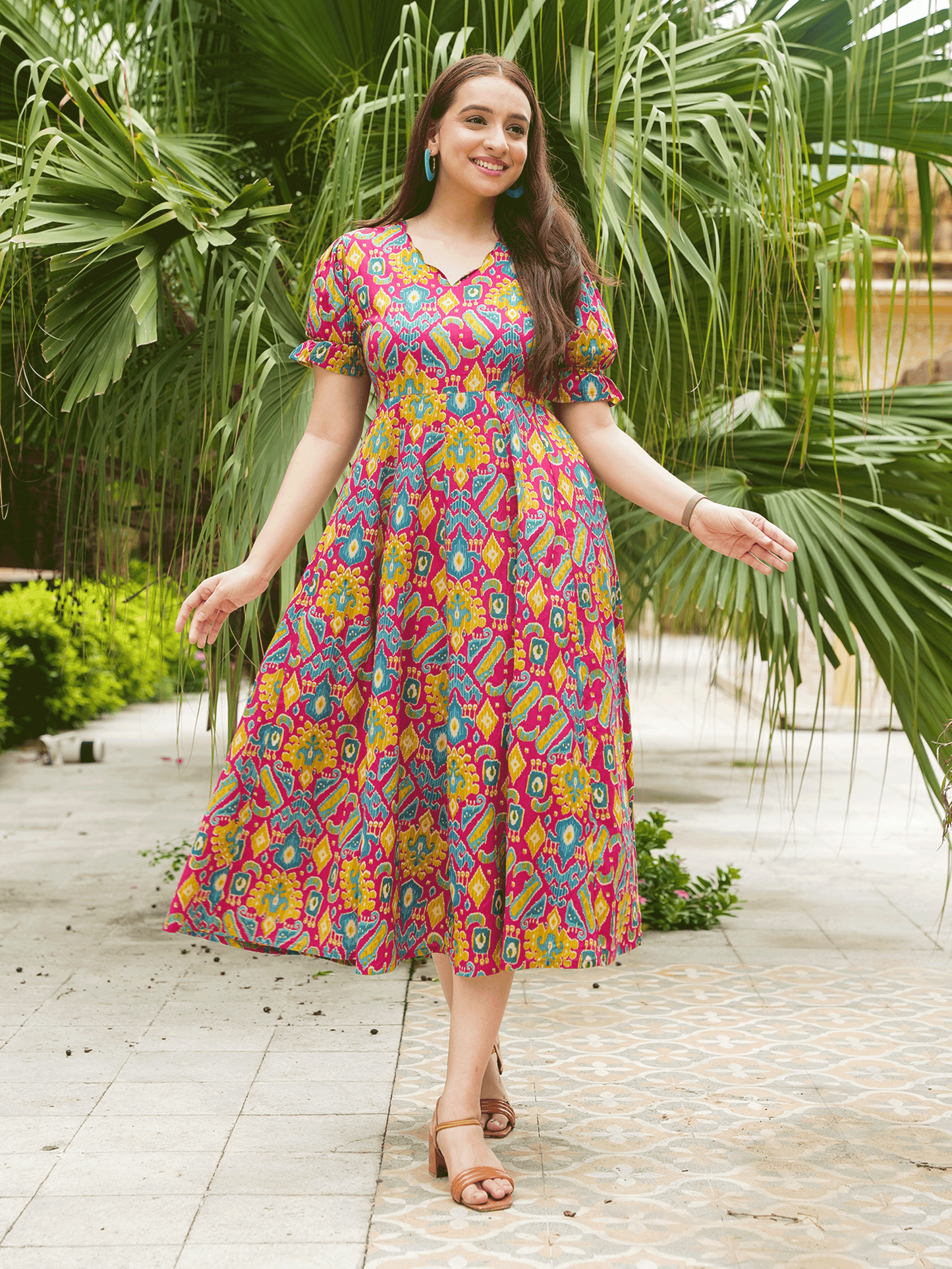 Soft Cotton Ikat Anarkali Multicolor Dress