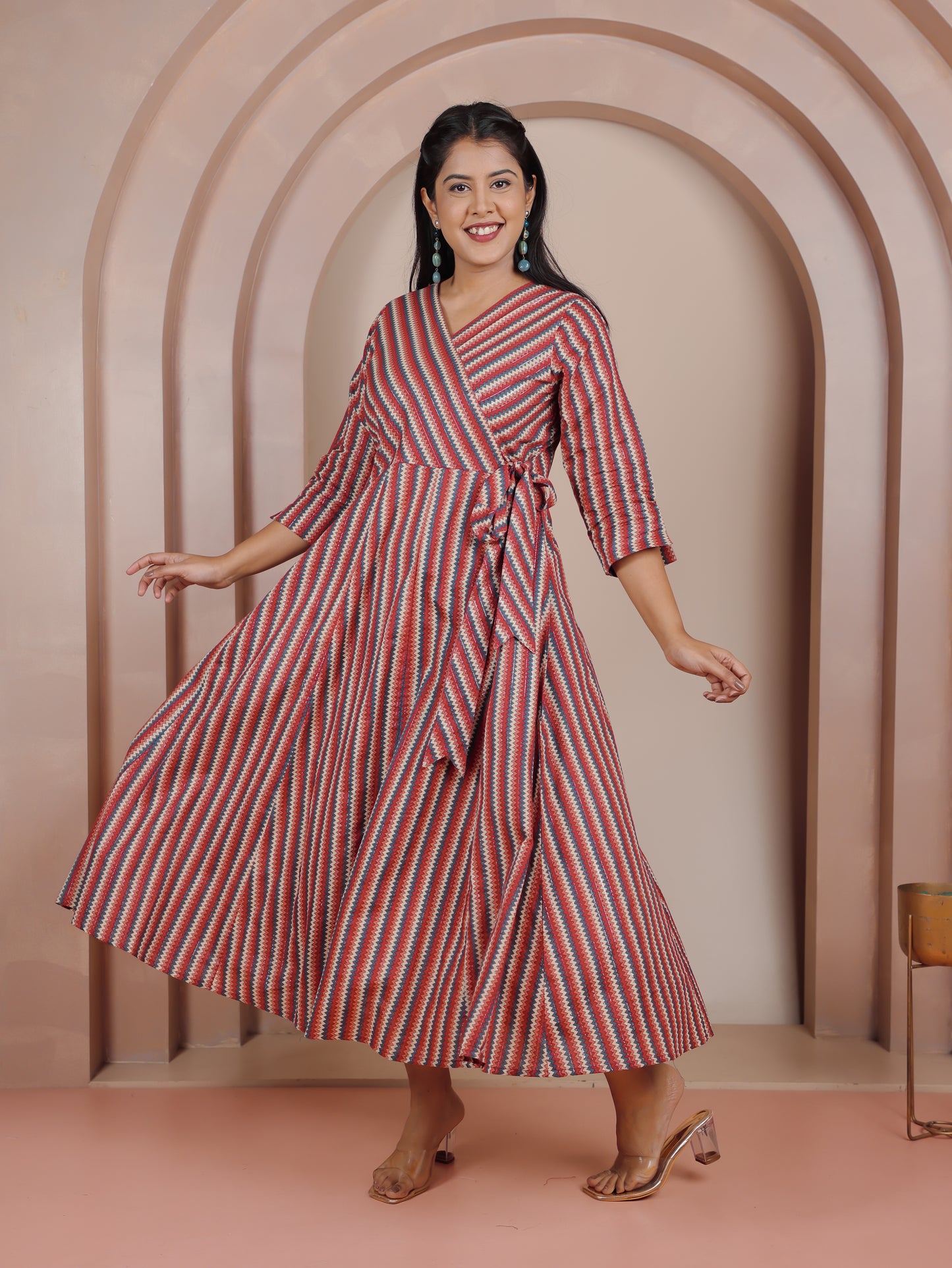 Cotton Chevron Angrakha Red Dress