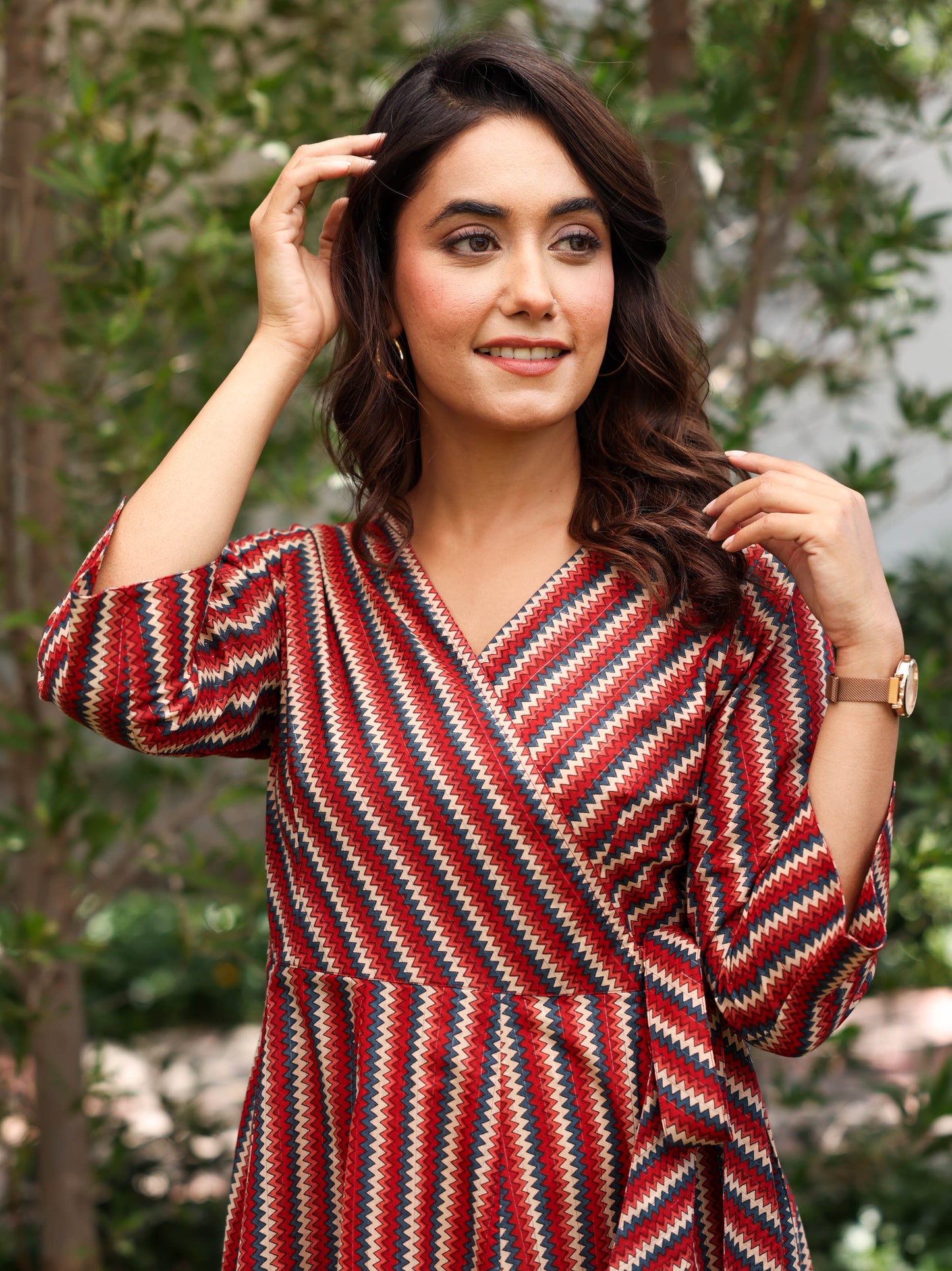 Lurex Cotton Chevron Angrakha Red Dress