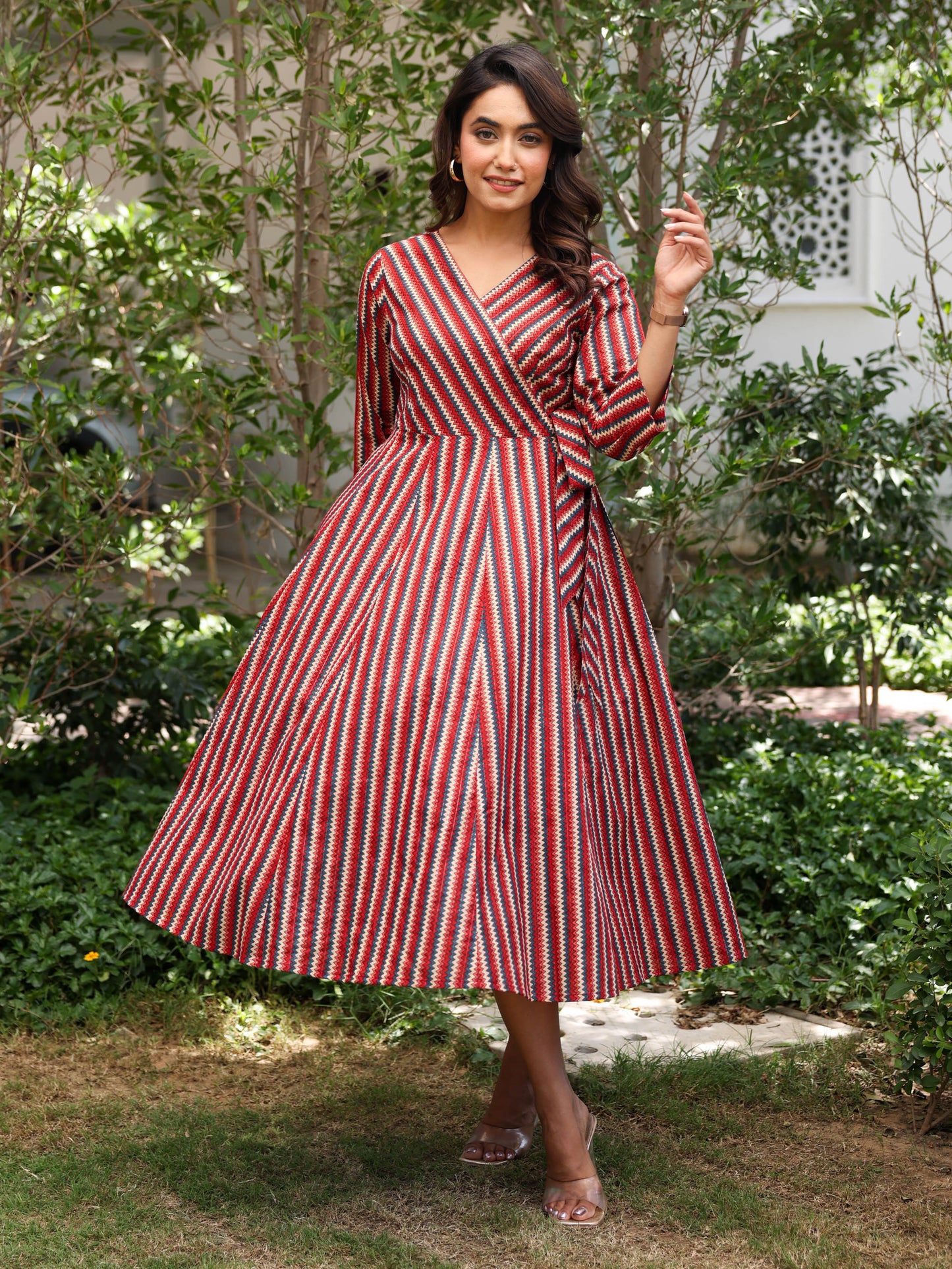 Lurex Cotton Chevron Angrakha Red Dress