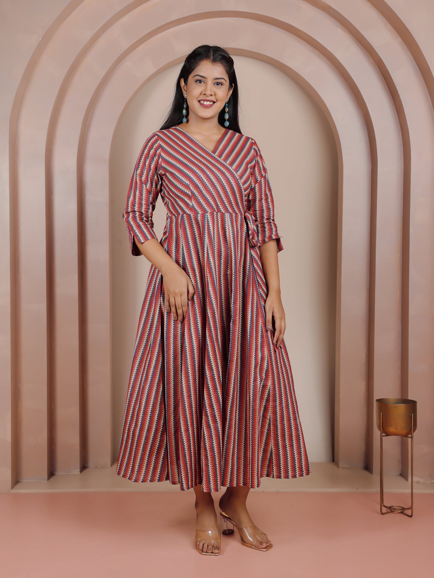 Cotton Chevron Angrakha Red Dress