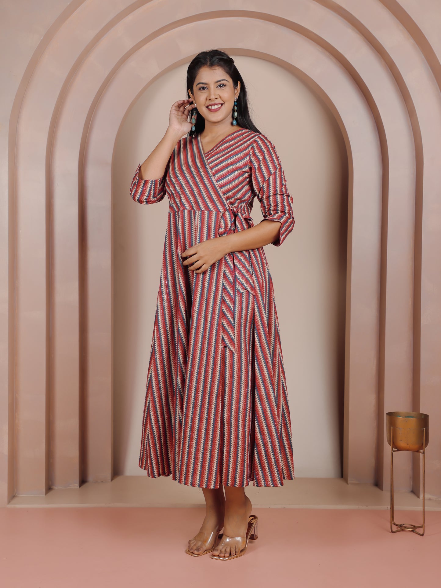 Cotton Chevron Angrakha Red Dress