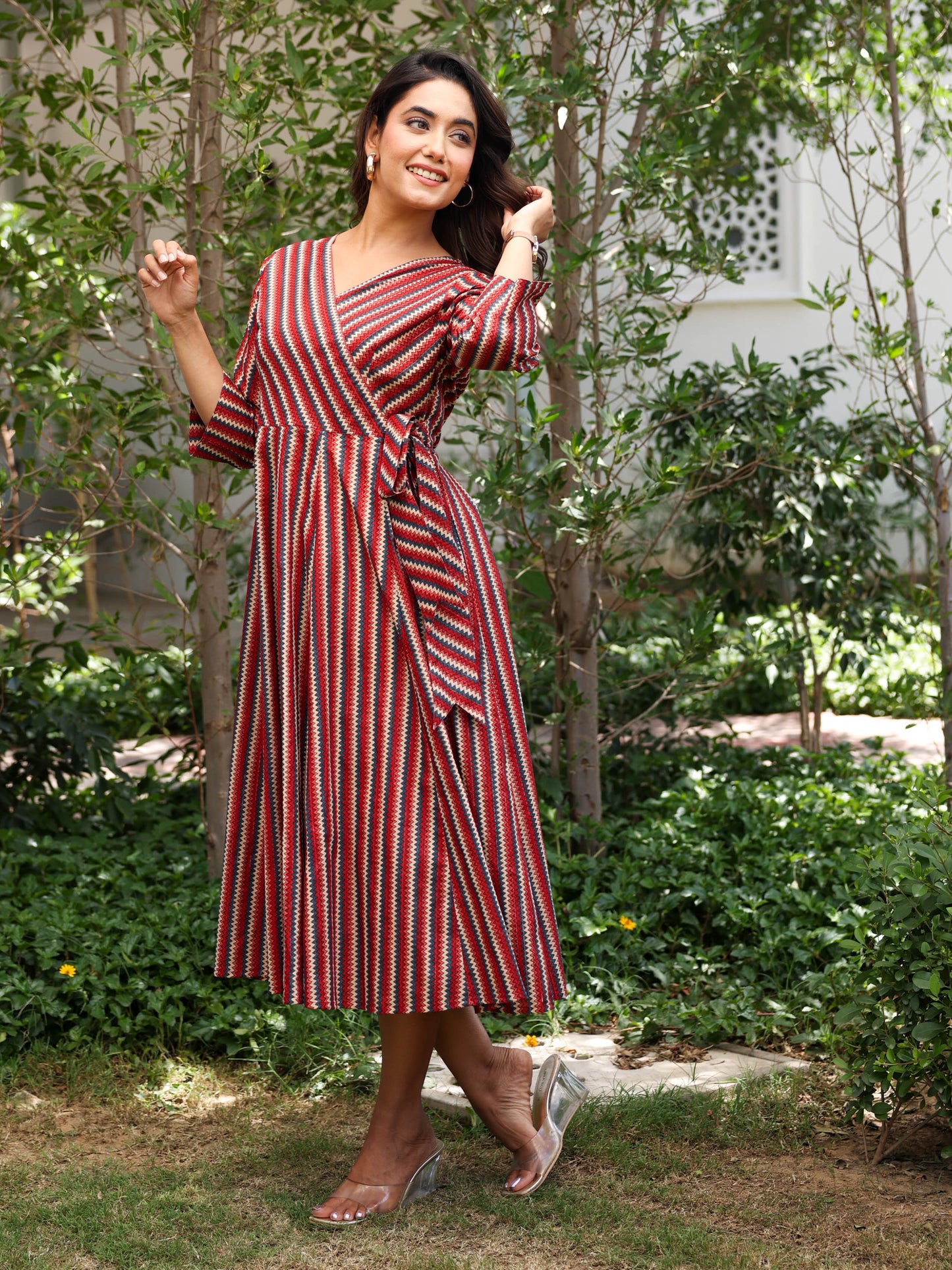 Lurex Cotton Chevron Angrakha Red Dress