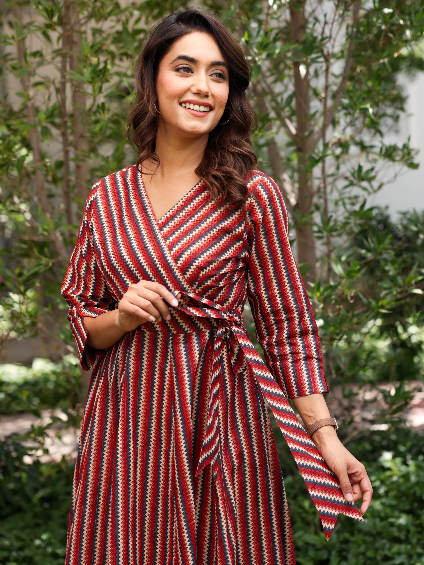 Lurex Cotton Chevron Angrakha Red Dress