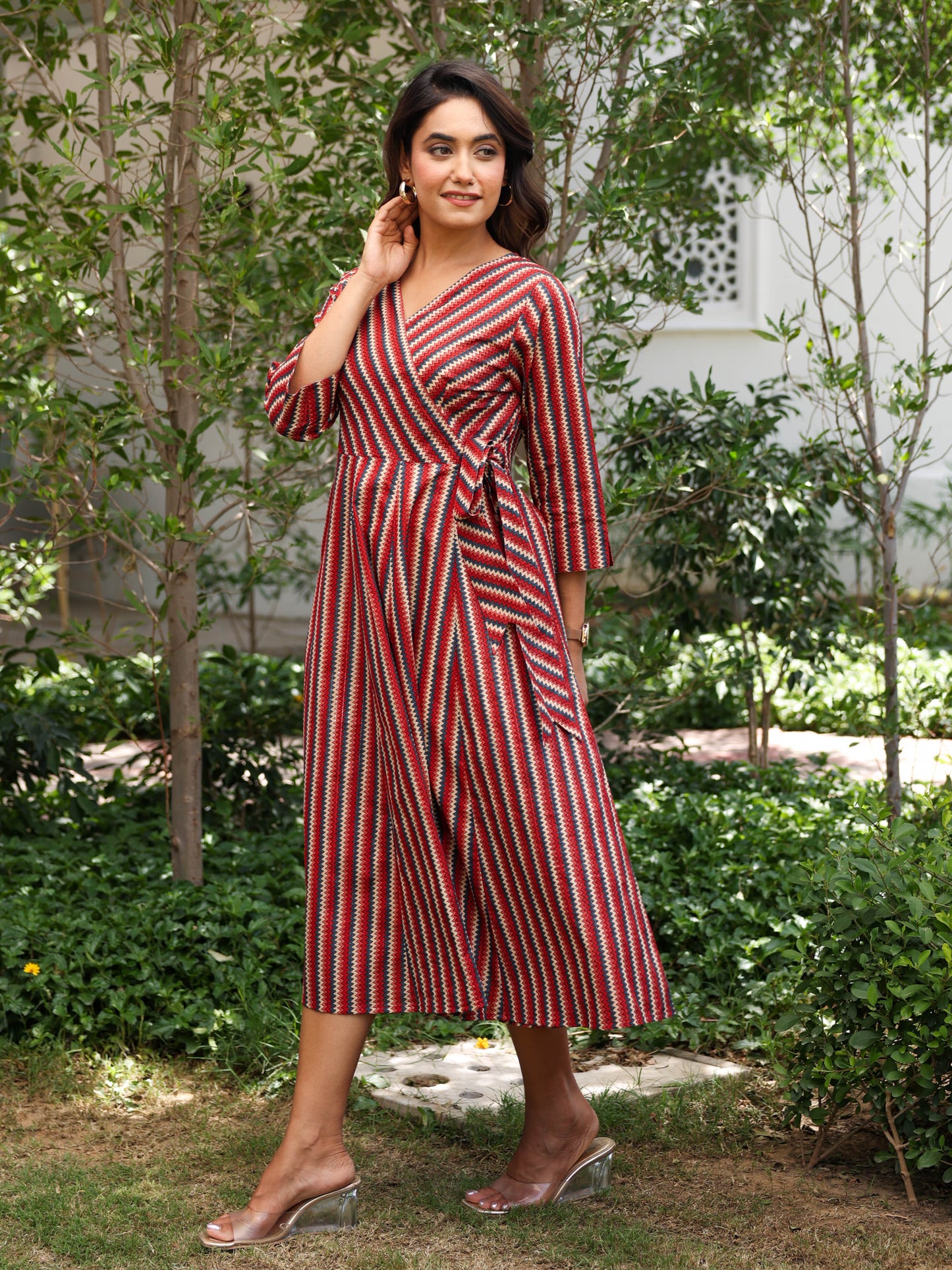Lurex Cotton Chevron Angrakha Red Dress