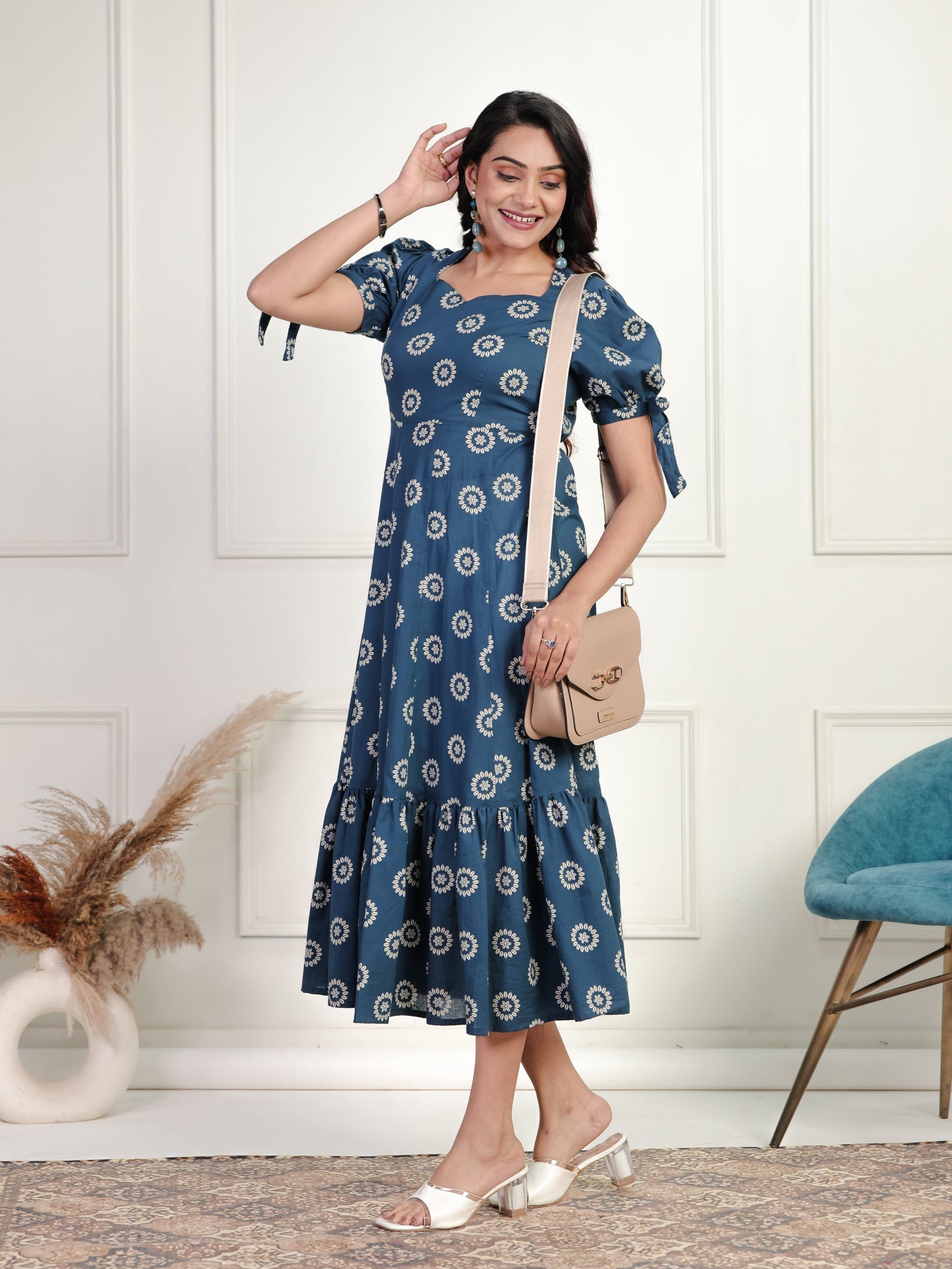 Soft Cotton Floral Tiered Blue Dress