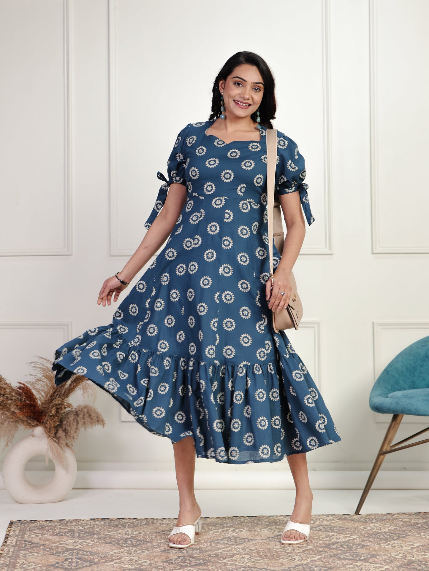 Soft Cotton Floral Tiered Blue Dress
