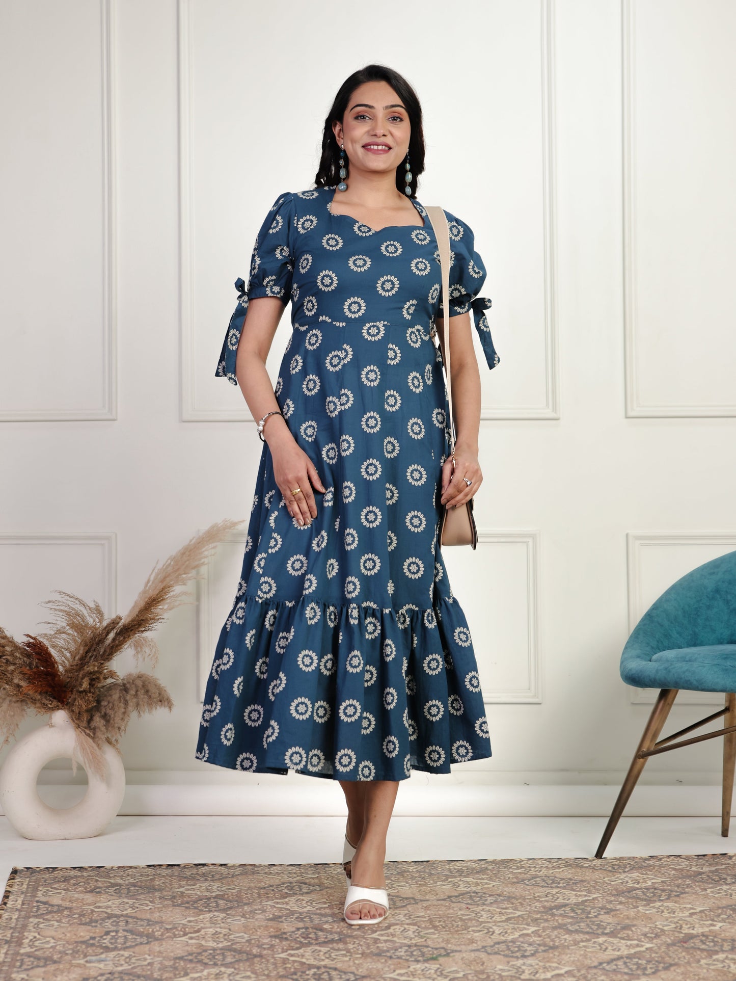 Soft Cotton Floral Tiered Blue Dress