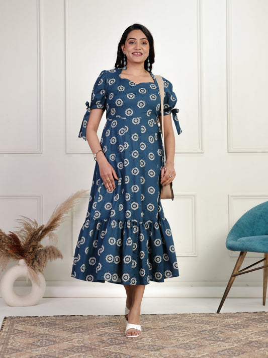 Soft Cotton Floral Tiered Blue Dress