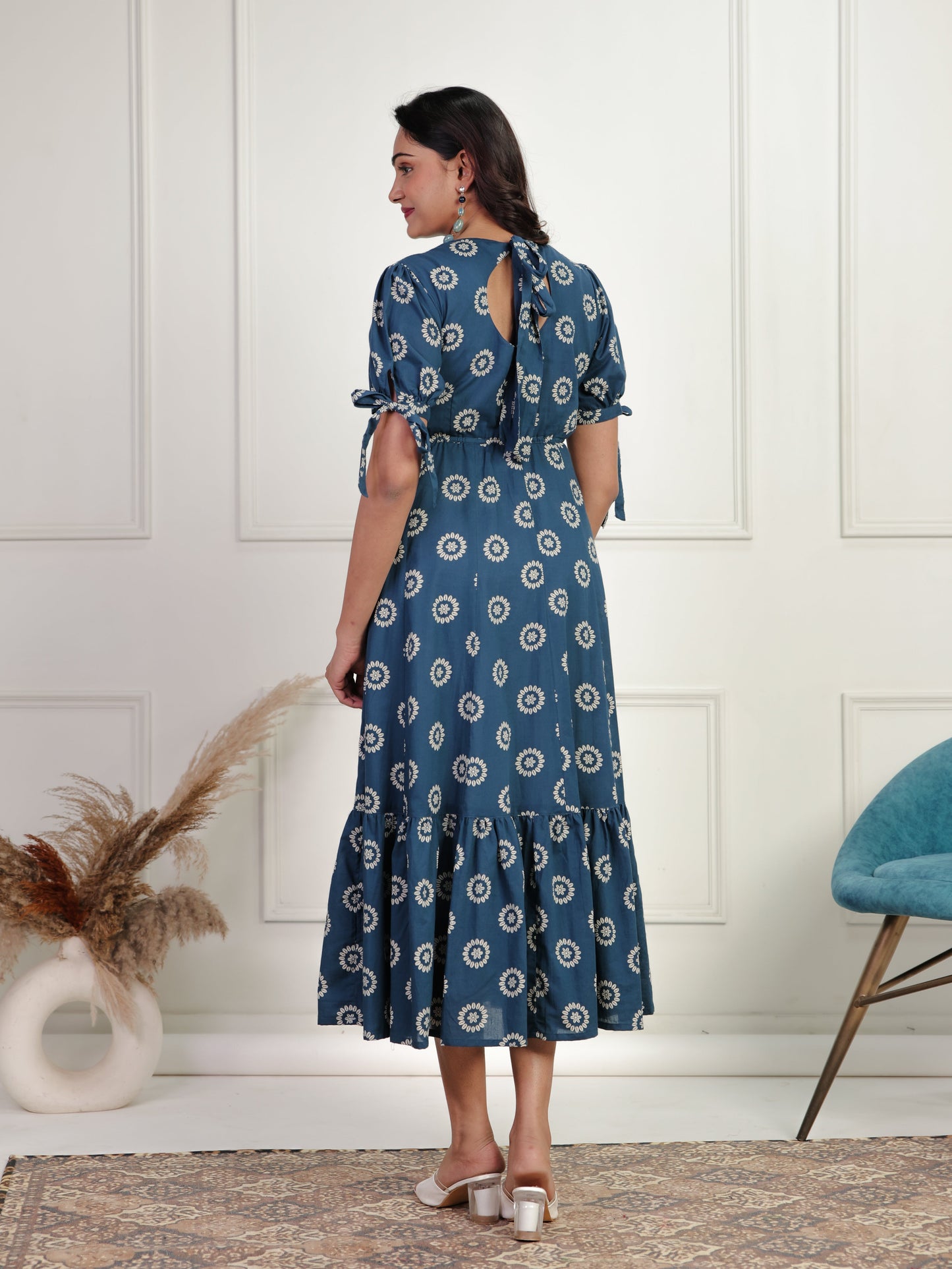 Soft Cotton Floral Tiered Blue Dress