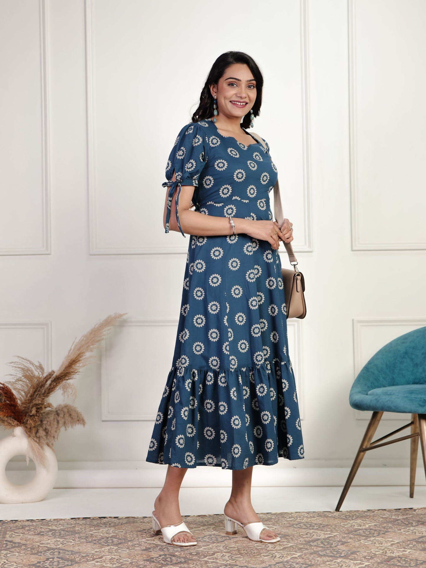 Soft Cotton Floral Tiered Blue Dress