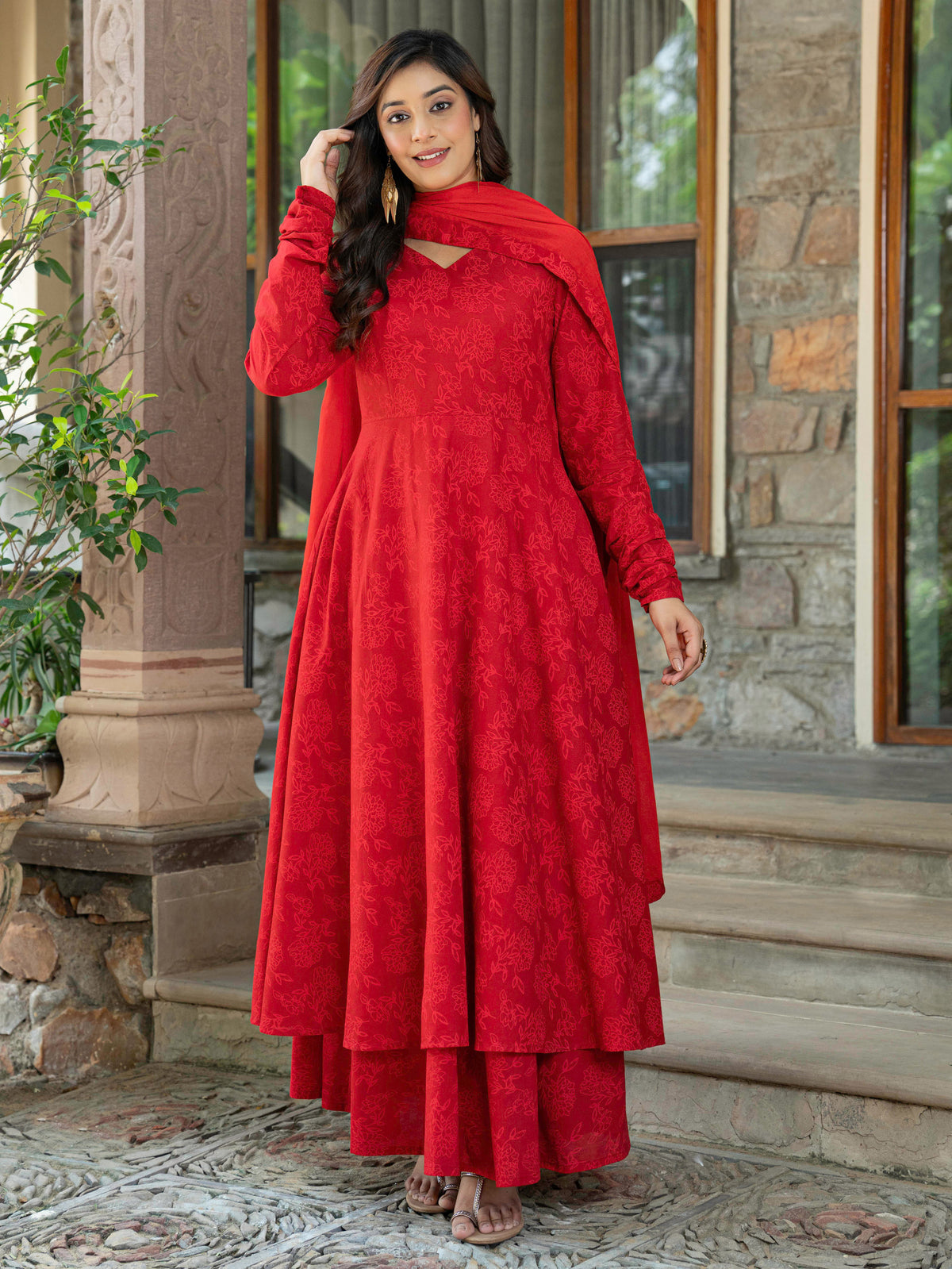 Soft Cotton Floral Anarkali Red Kurta