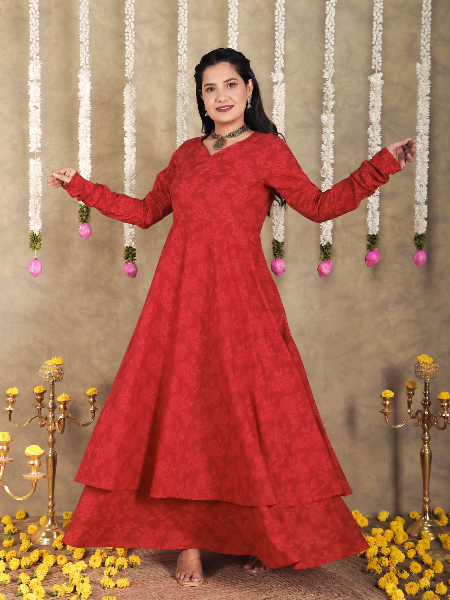 Soft Cotton Floral Flared Red Kurta