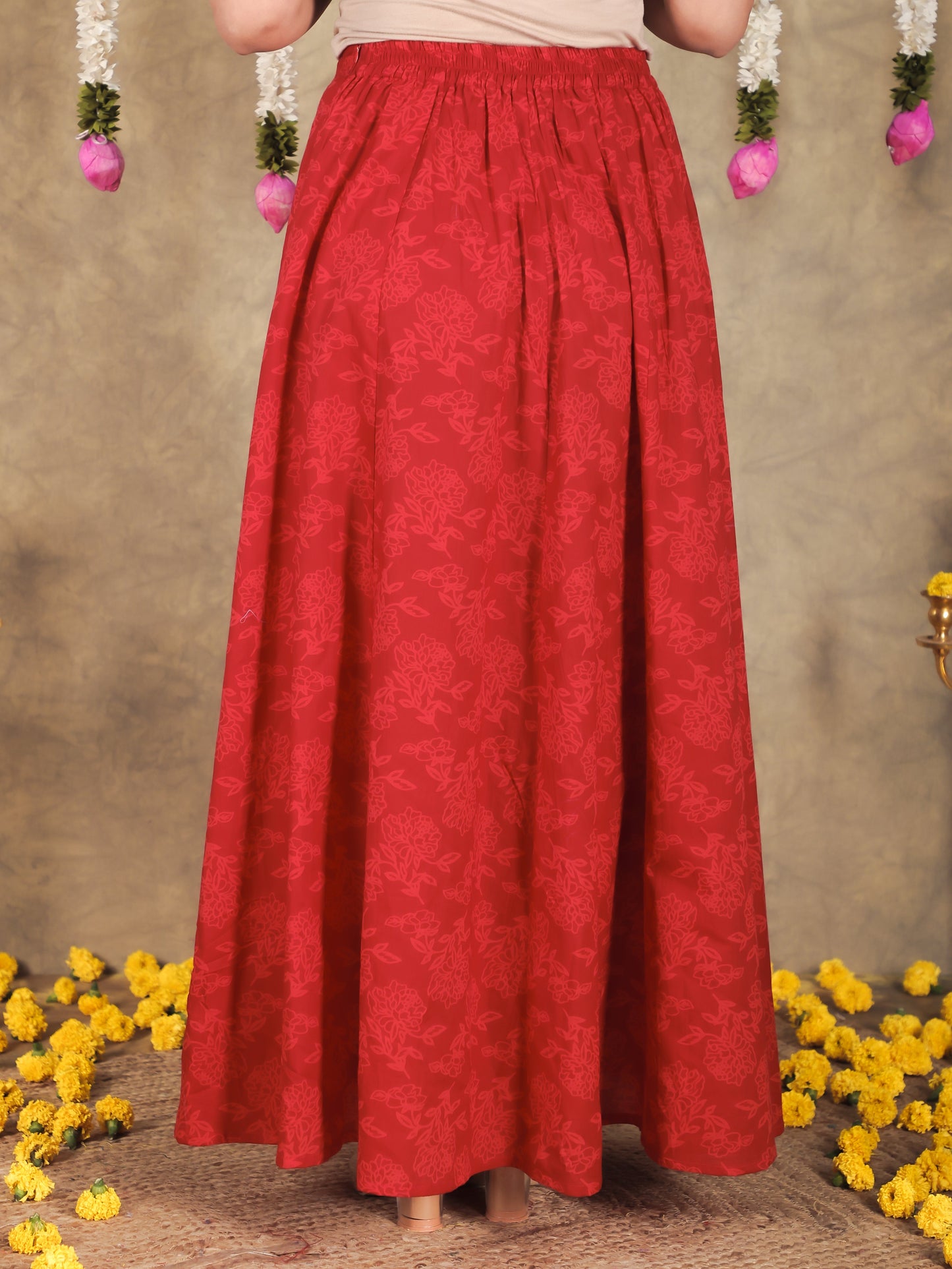 Soft Cotton Floral Flared Red Kurta