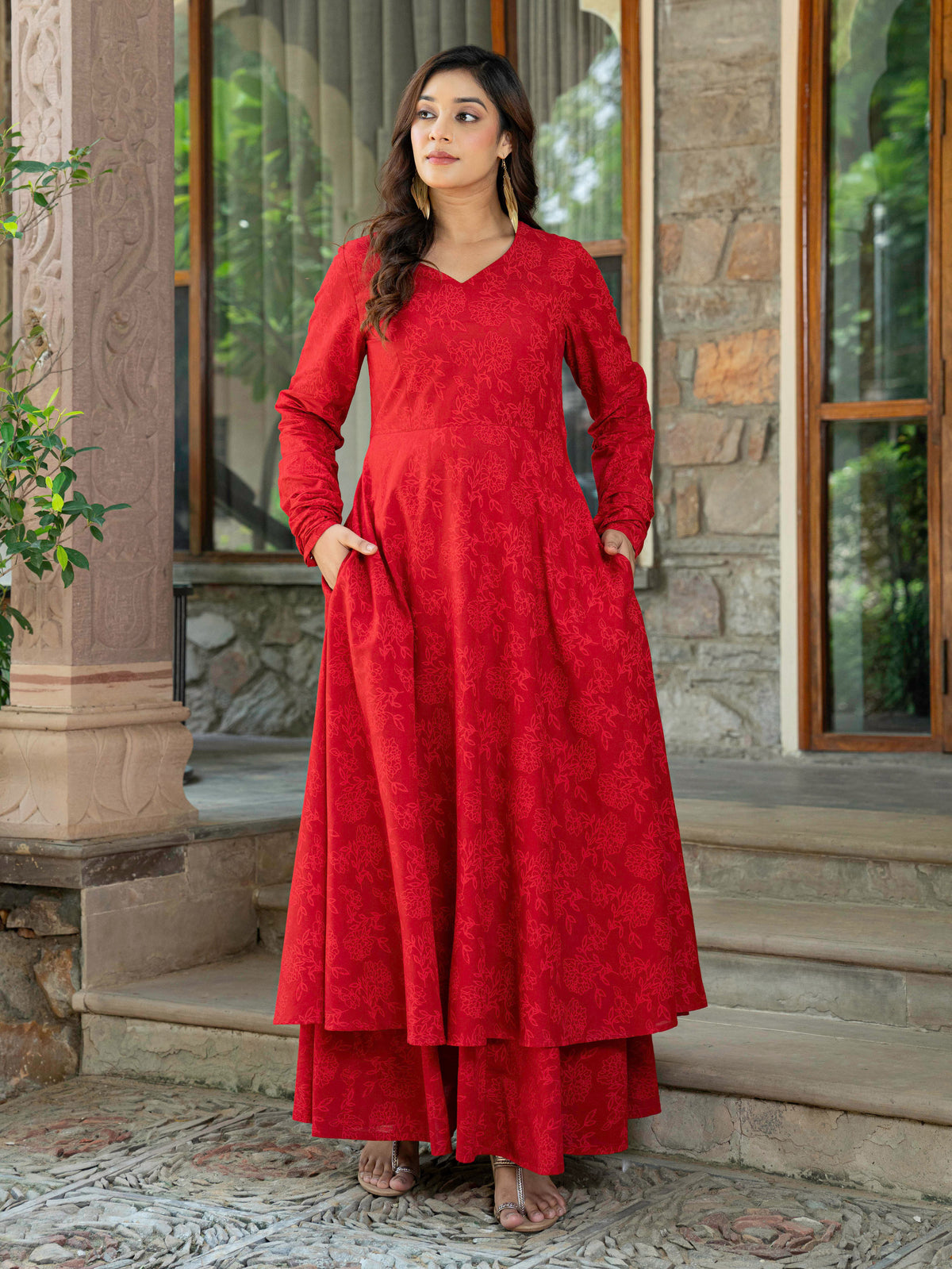 Soft Cotton Floral Anarkali Red Kurta