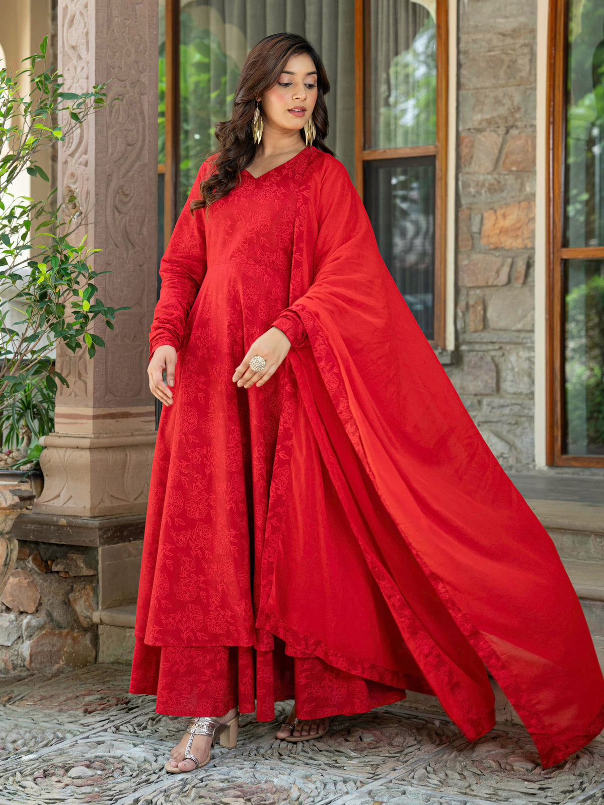 Soft Cotton Floral Anarkali Red Kurta
