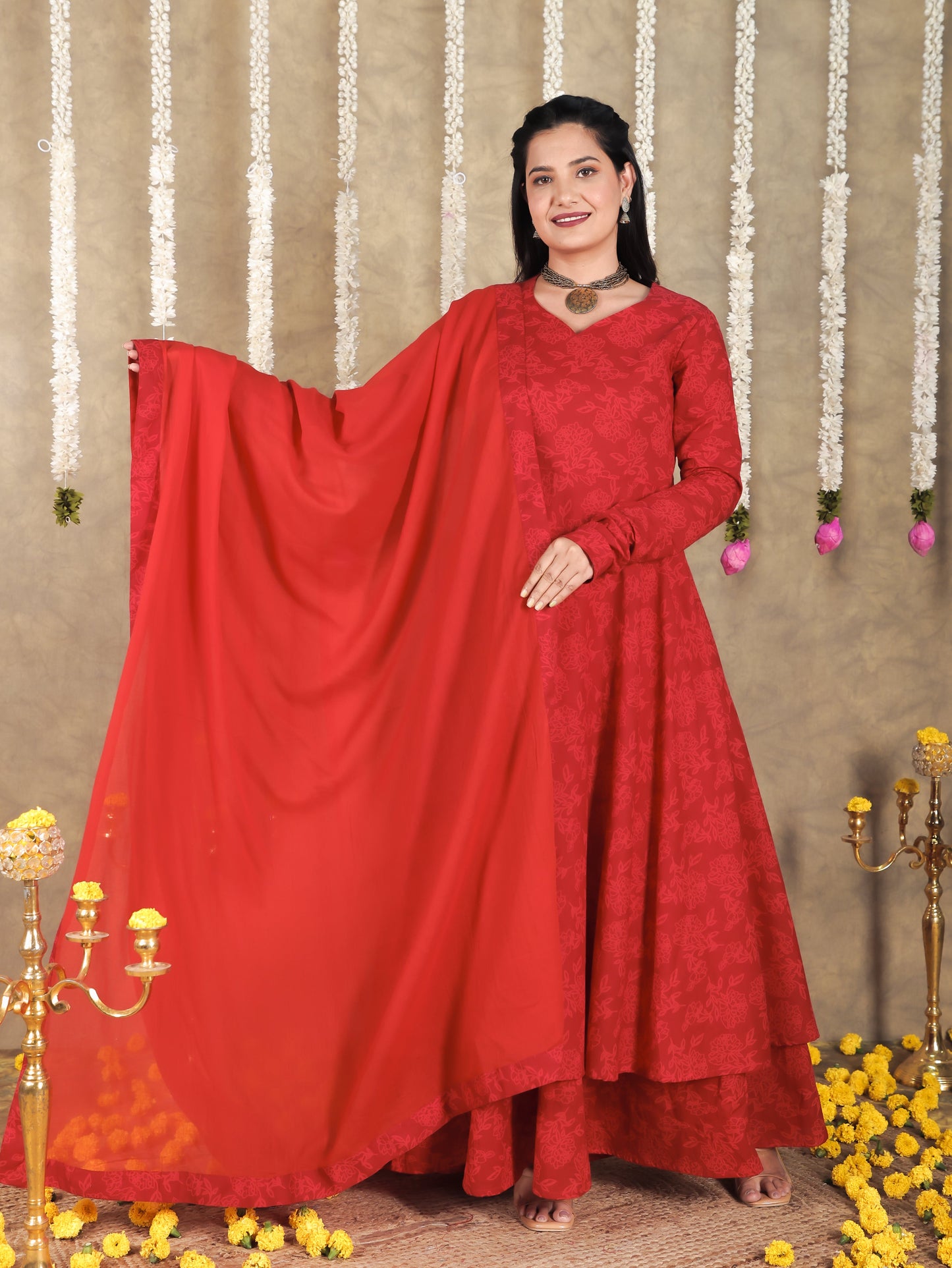 Soft Cotton Floral Flared Red Kurta