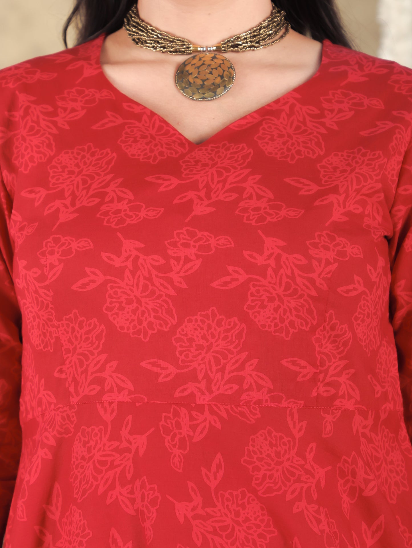 Soft Cotton Floral Flared Red Kurta
