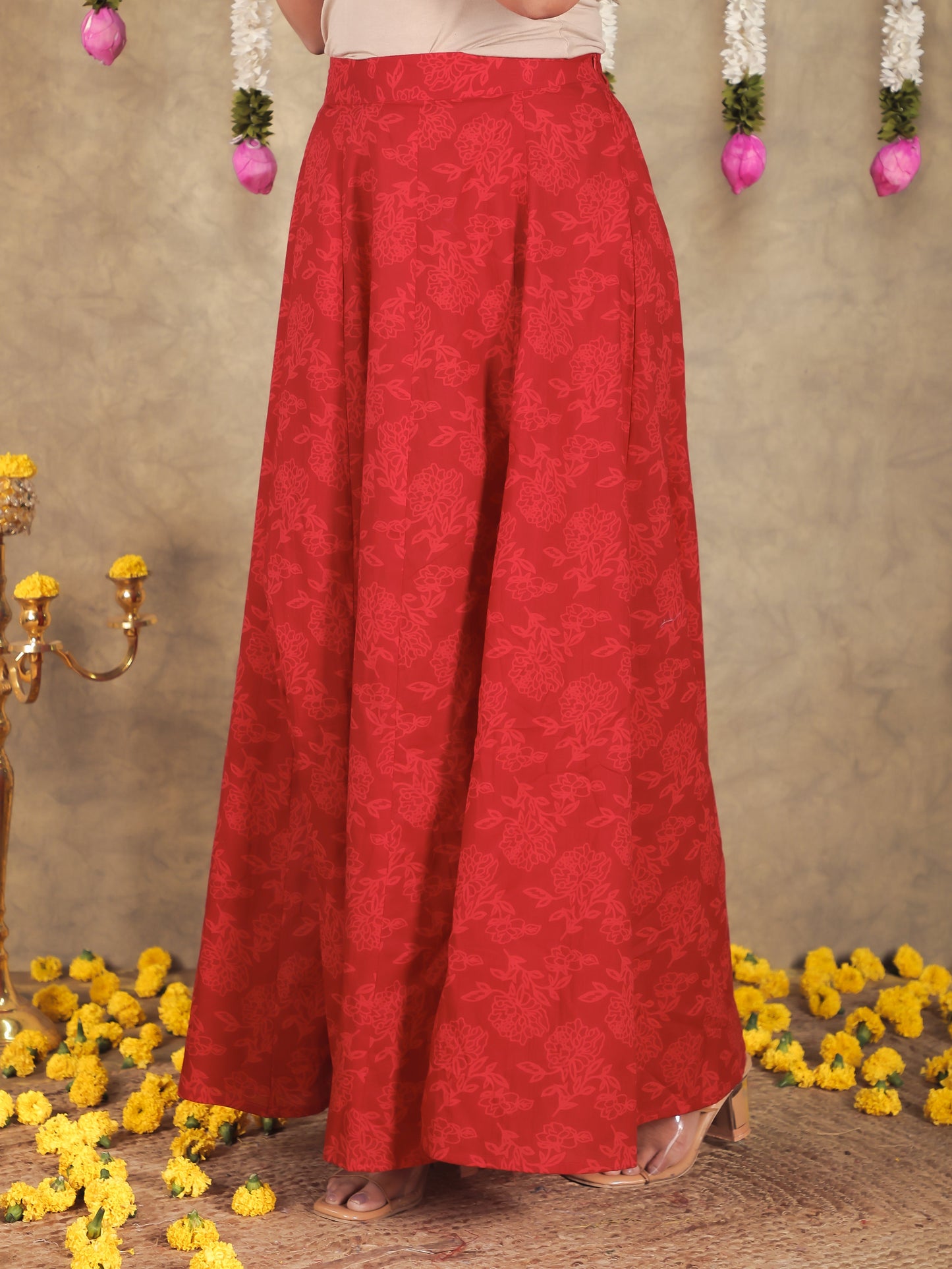 Soft Cotton Floral Flared Red Kurta